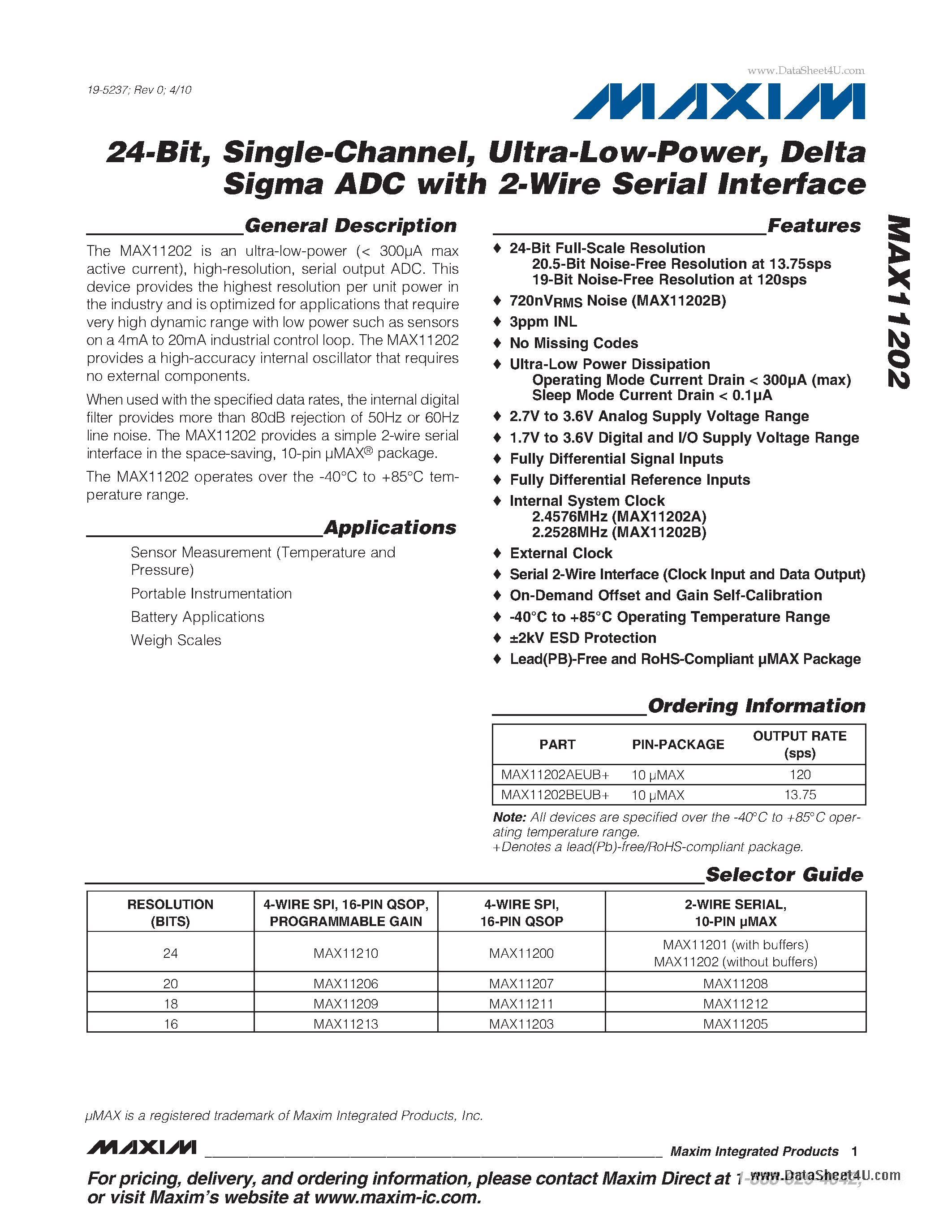 Datasheet MAX11202 - Delta- Sigma ADC with 2-Wire Serial Interface page 1