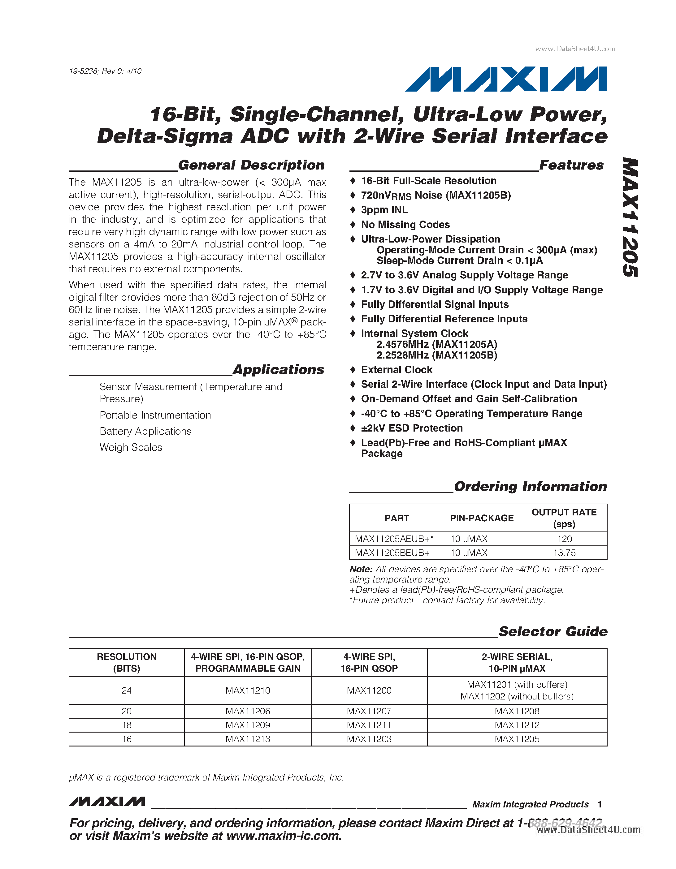 Datasheet MAX11205 - Delta- Sigma ADC with 2-Wire Serial Interface page 1