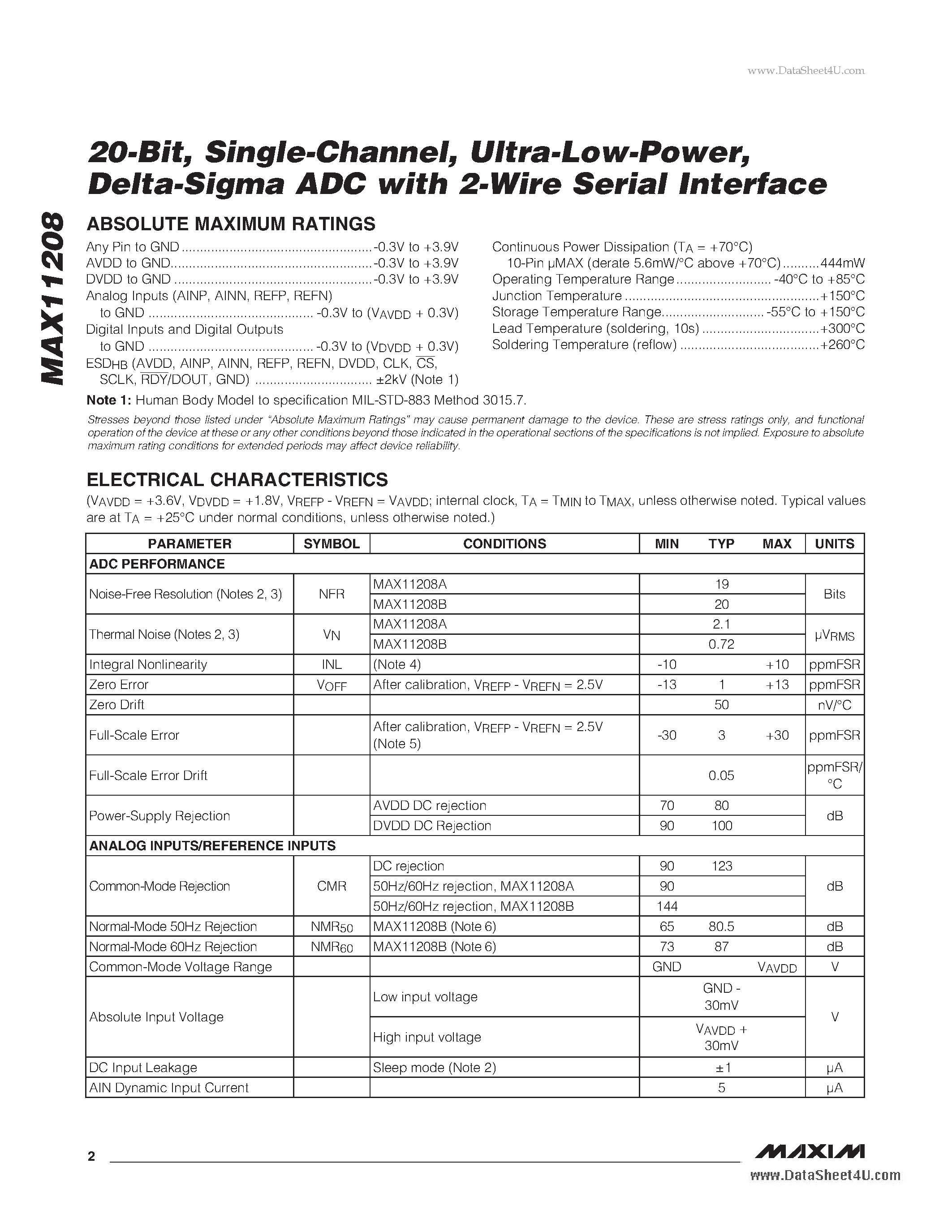 Datasheet MAX11208 - Delta- Sigma ADC with 2-Wire Serial Interface page 2