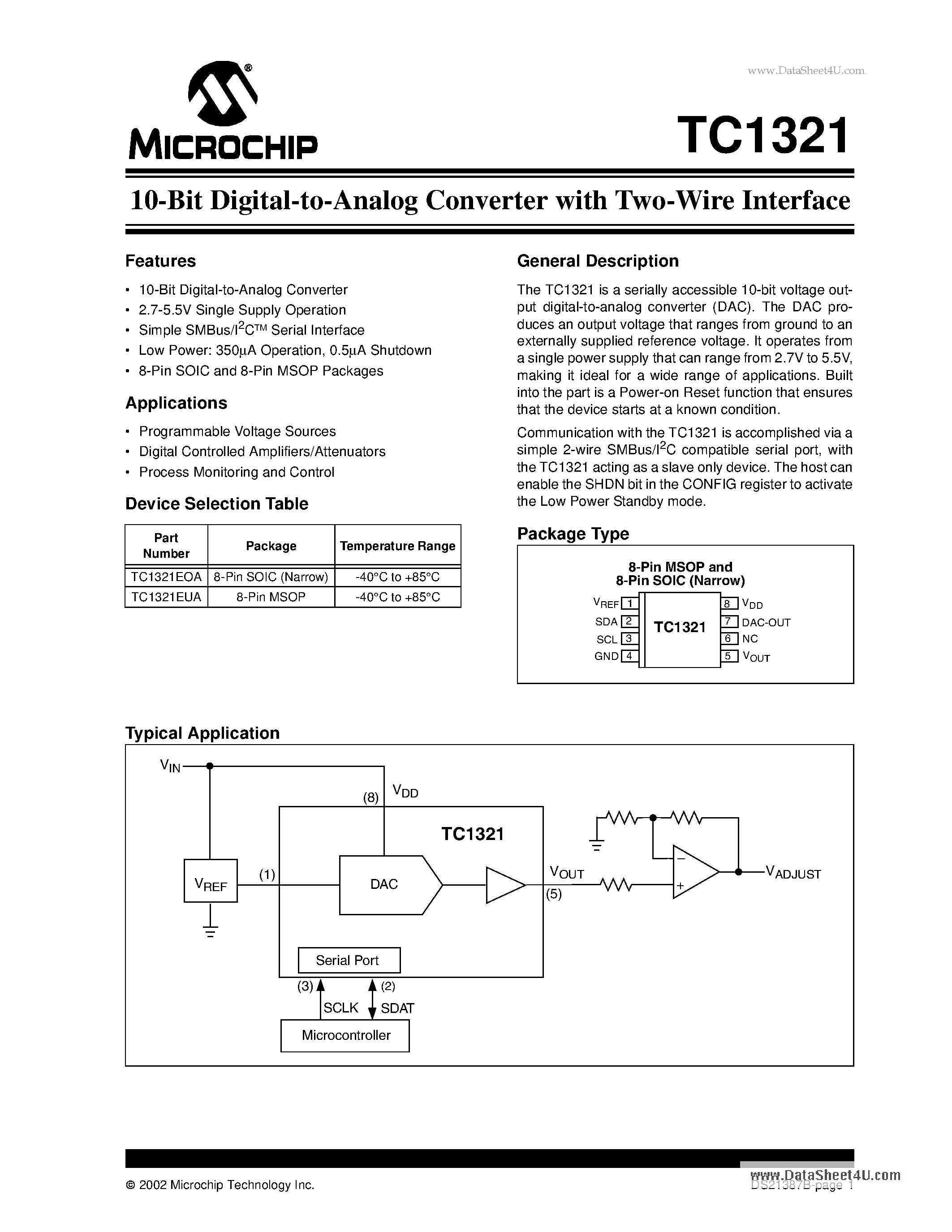 Datasheet TC1321 page 1 Datasheet TC1321 - 10-Bit Digital-to-Analog Converter page 1