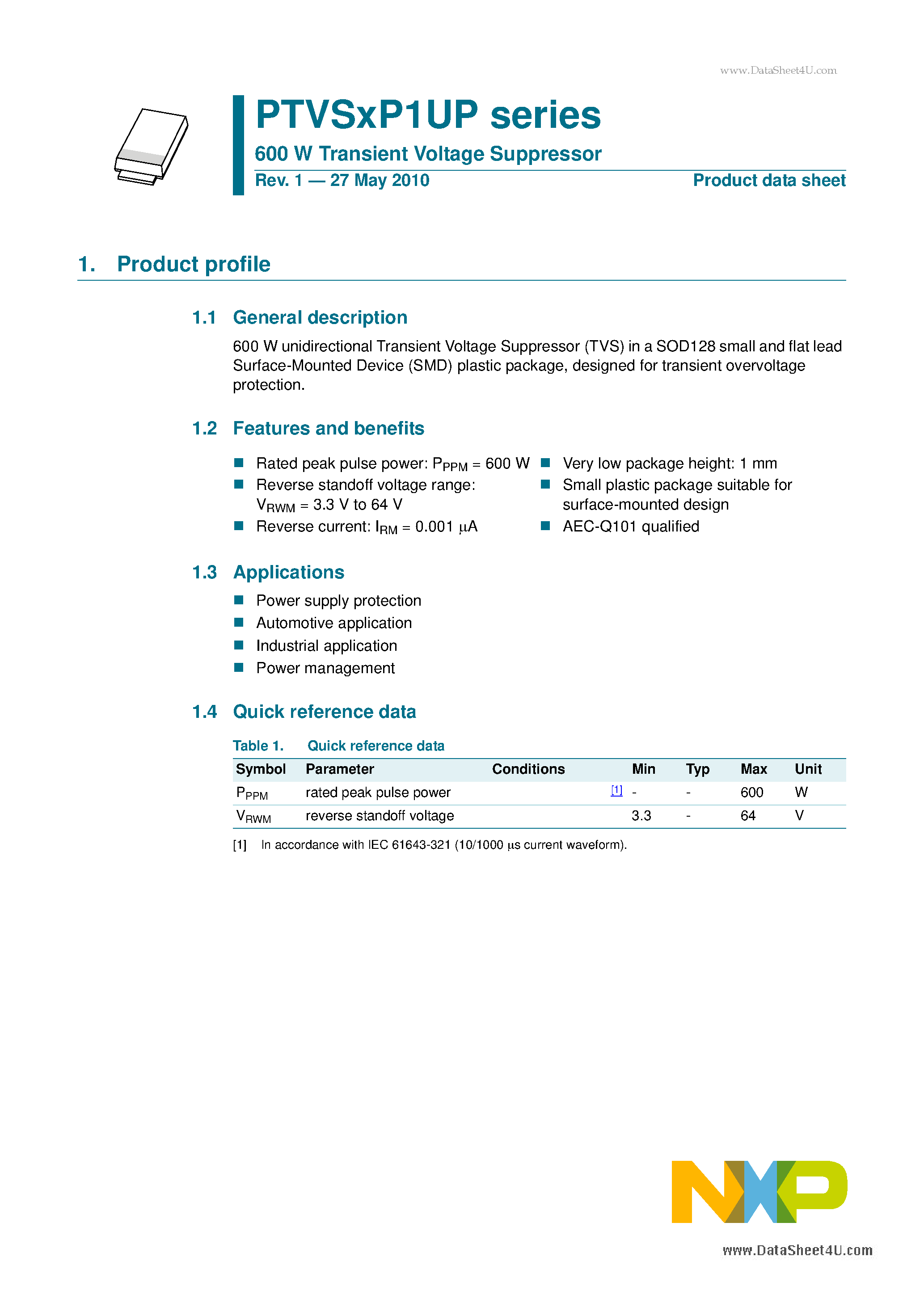 Datasheet PTVSxP1UP - 600 W Transient Voltage Suppressor page 1