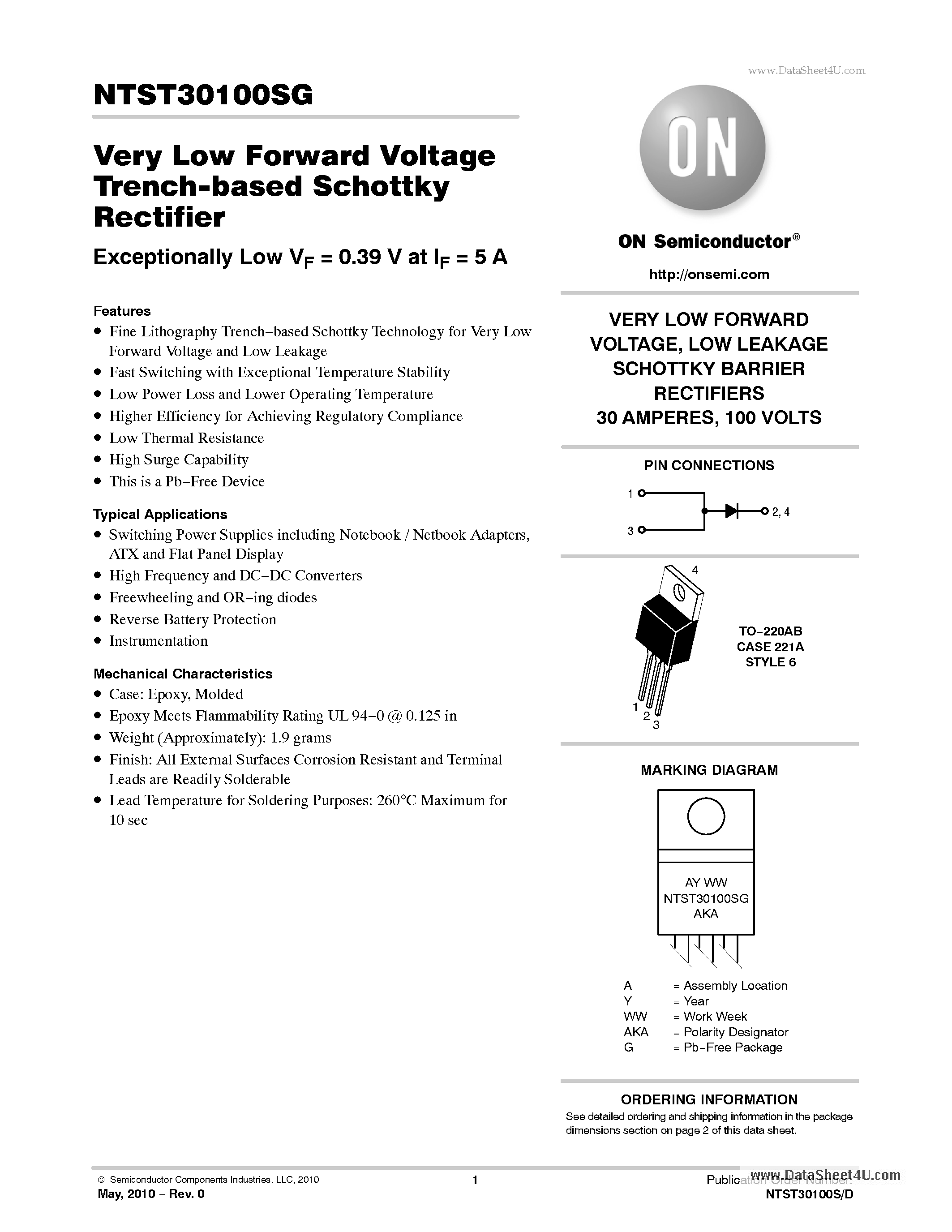 Даташит NTST30100SG - Very Low Forward Voltage Trench-based Schottky Rectifier страница 1