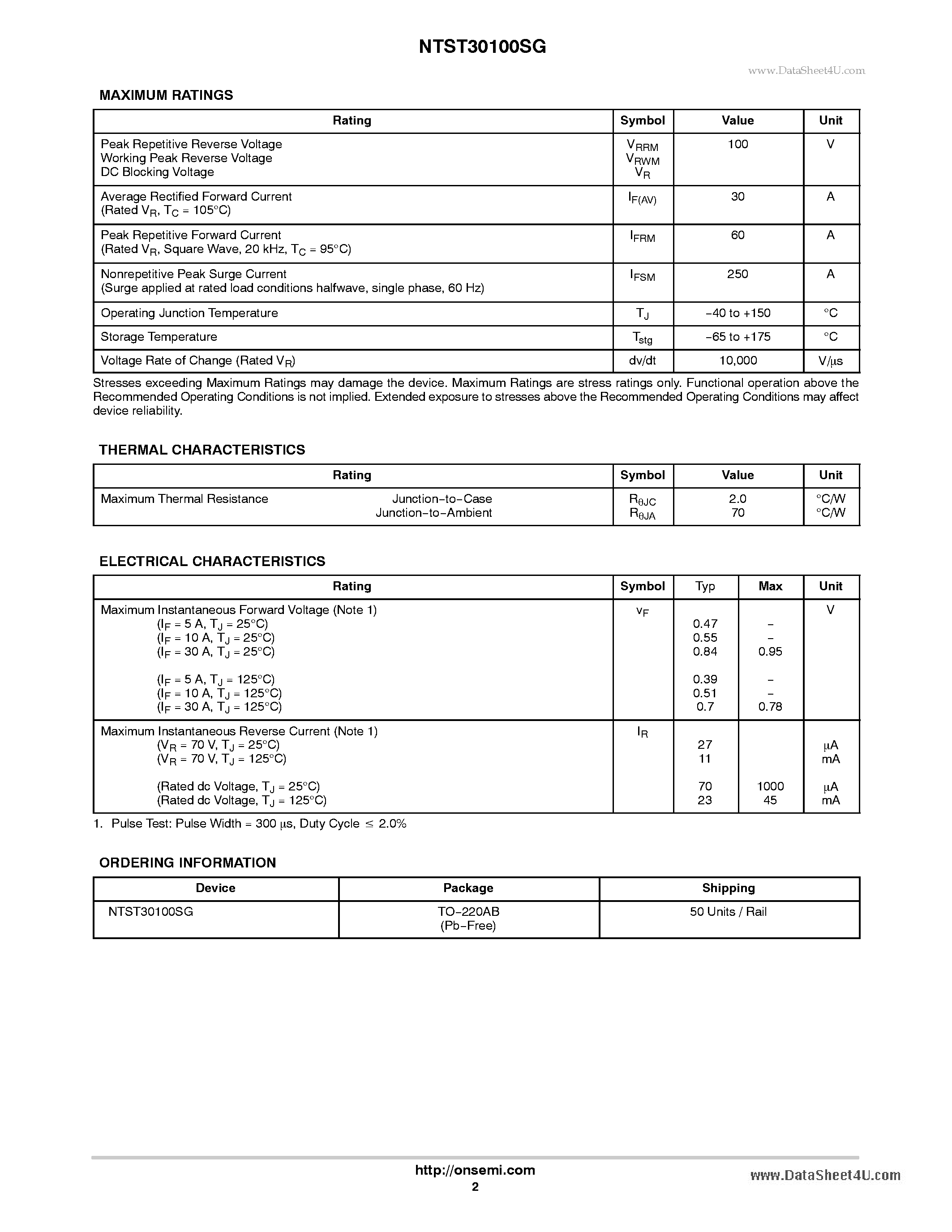 Даташит NTST30100SG - Very Low Forward Voltage Trench-based Schottky Rectifier страница 2