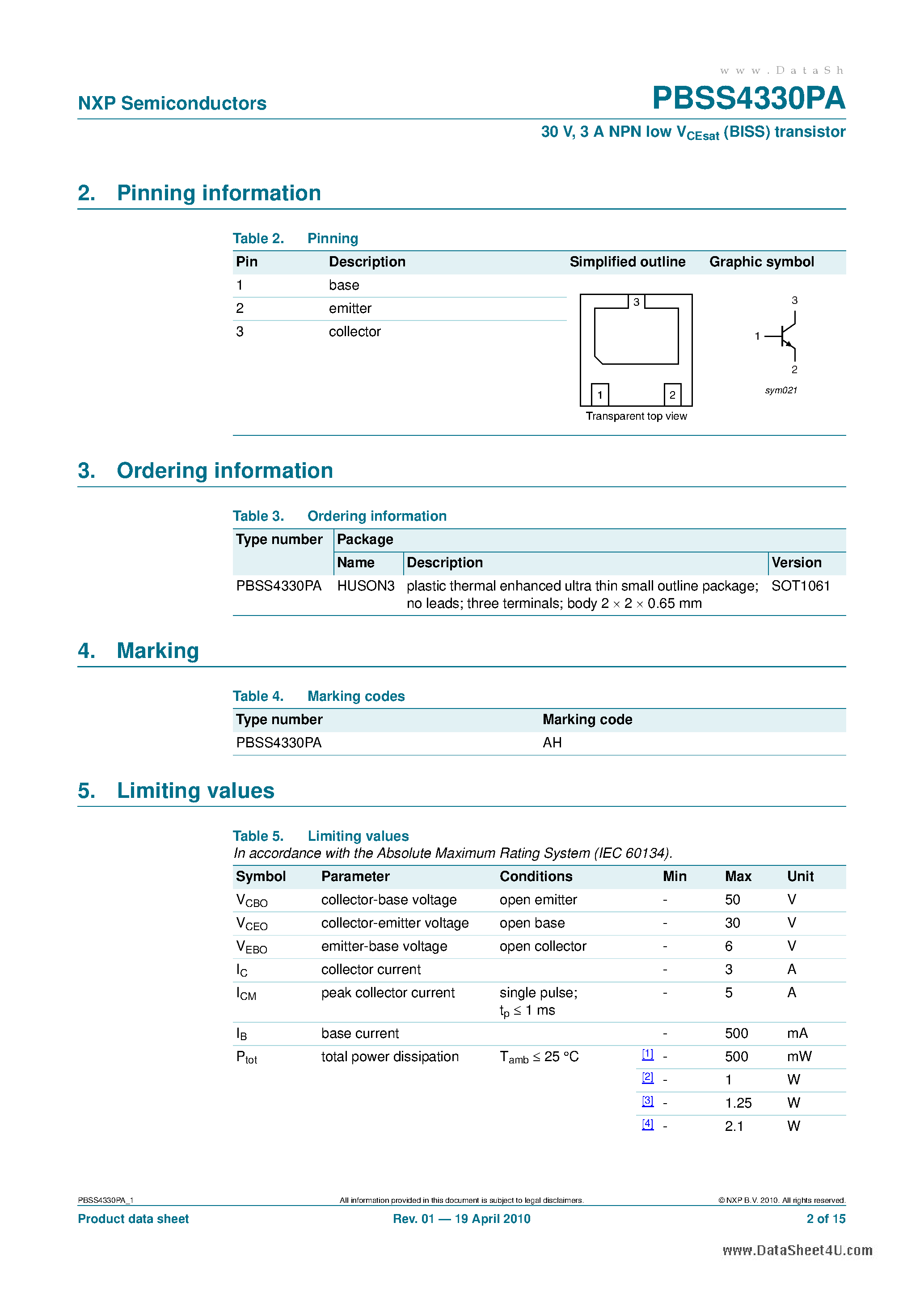 Datasheet PBSS4330PA - 3 A NPN low VCEsat (BISS) transistor page 2