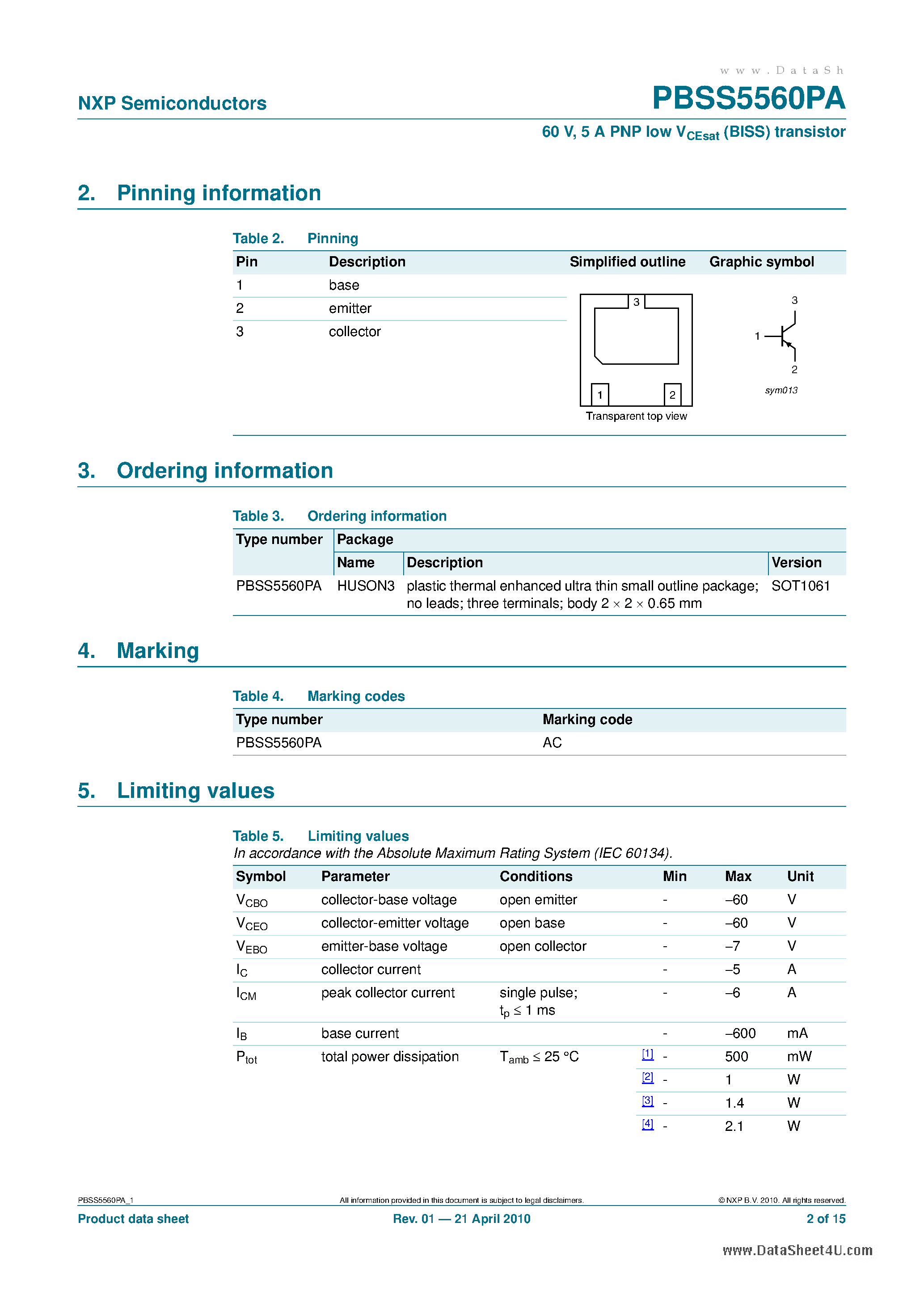 Datasheet PBSS5560PA page 2 Datasheet PBSS5560PA - 5 A PNP low VCEsat (BISS) transistor page 2