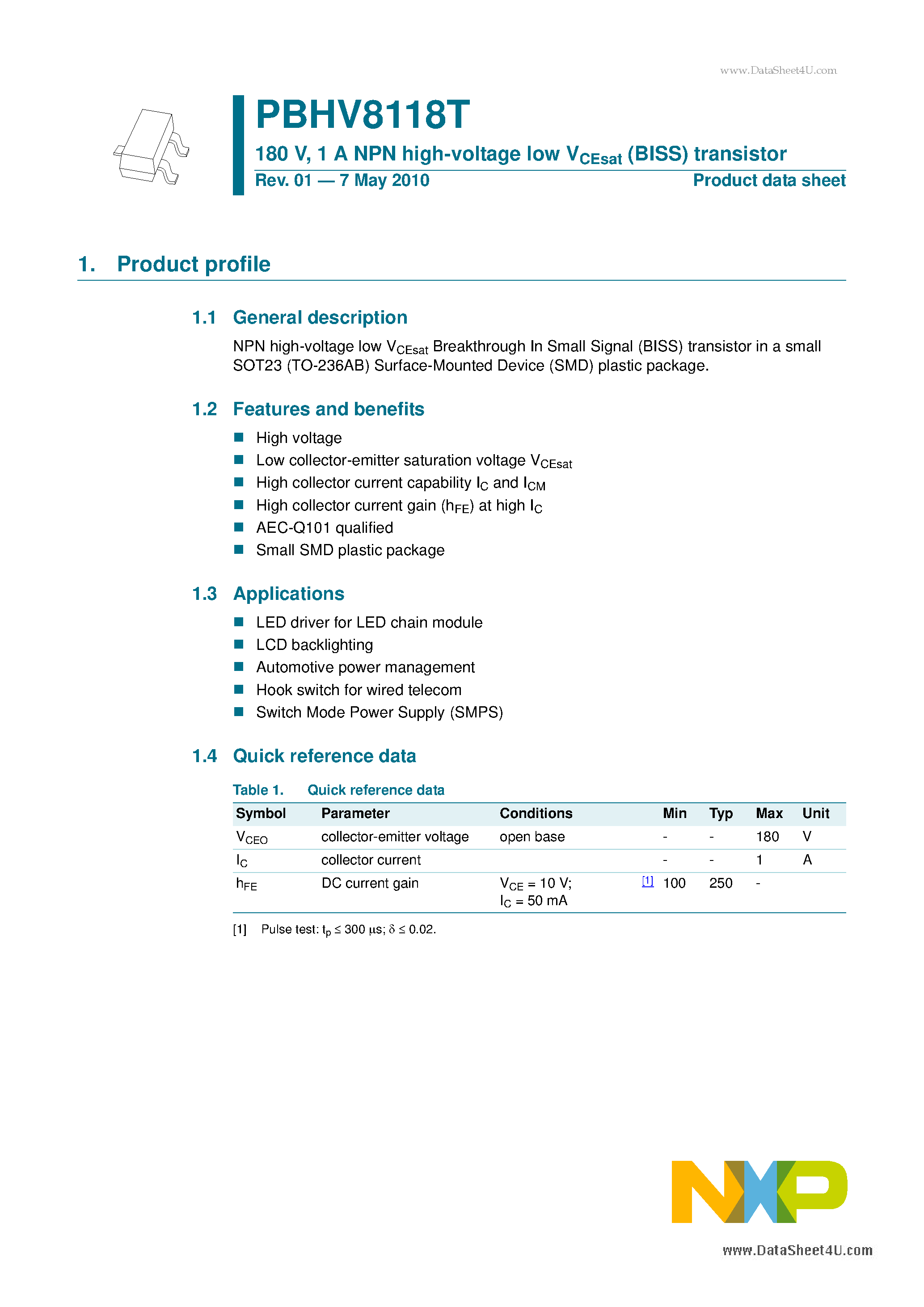 Datasheet PBHV8118T - 1 A NPN high-voltage low VCEsat(BISS) transistor page 1