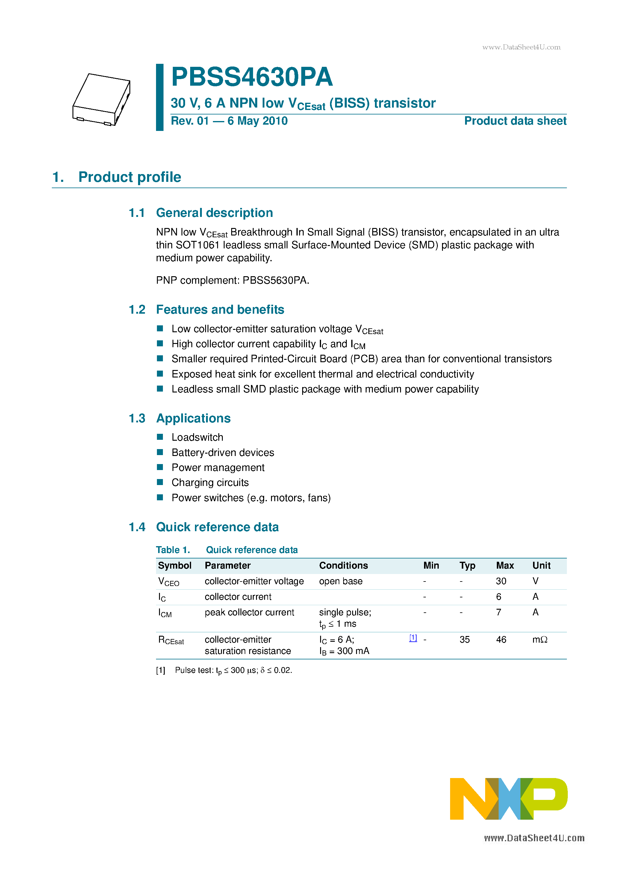 Datasheet PBSS4630PA - 6 A NPN low VCEsat (BISS) transistor page 1
