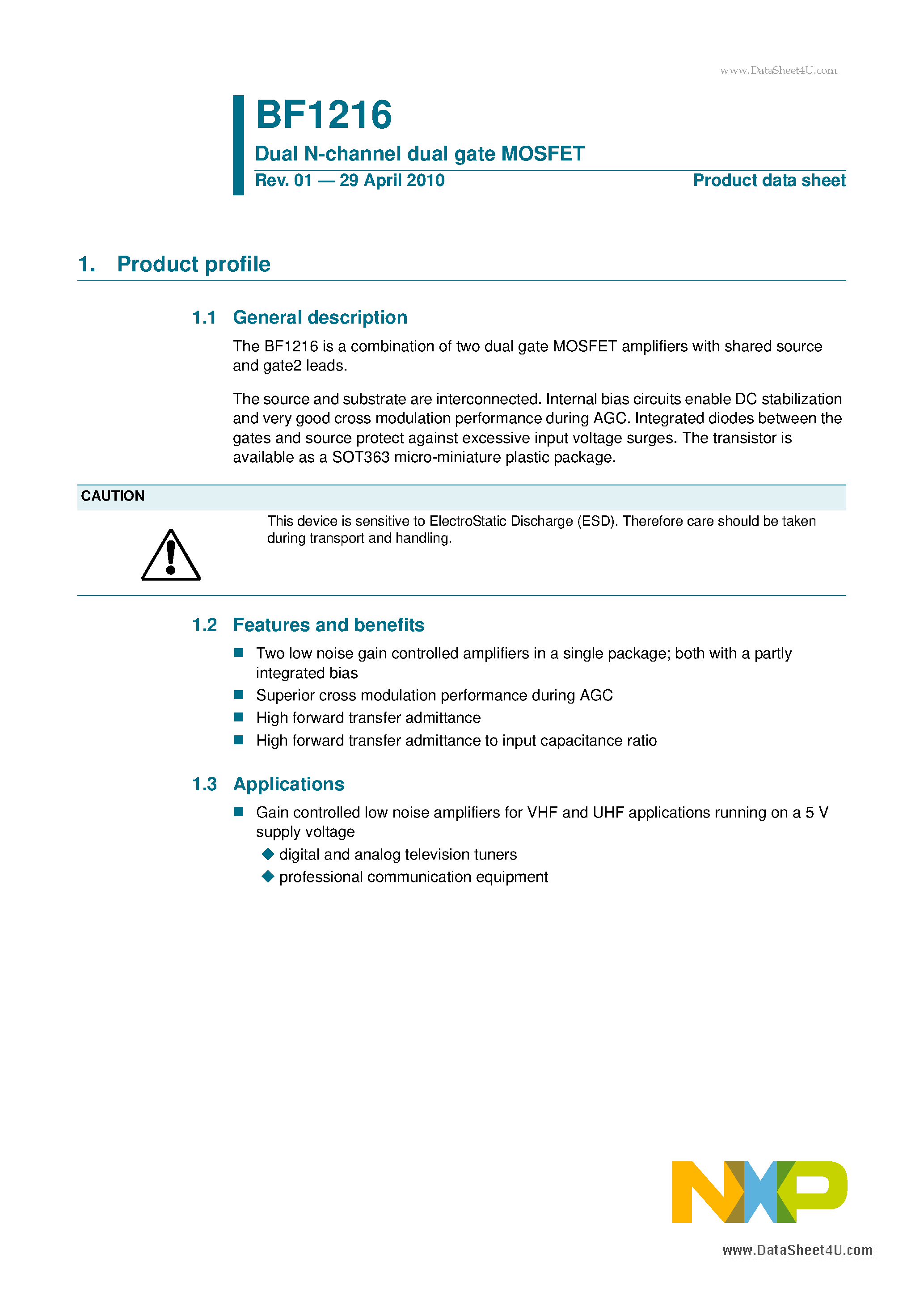 Datasheet BF1216 - Dual N-channel dual gate MOSFET page 1