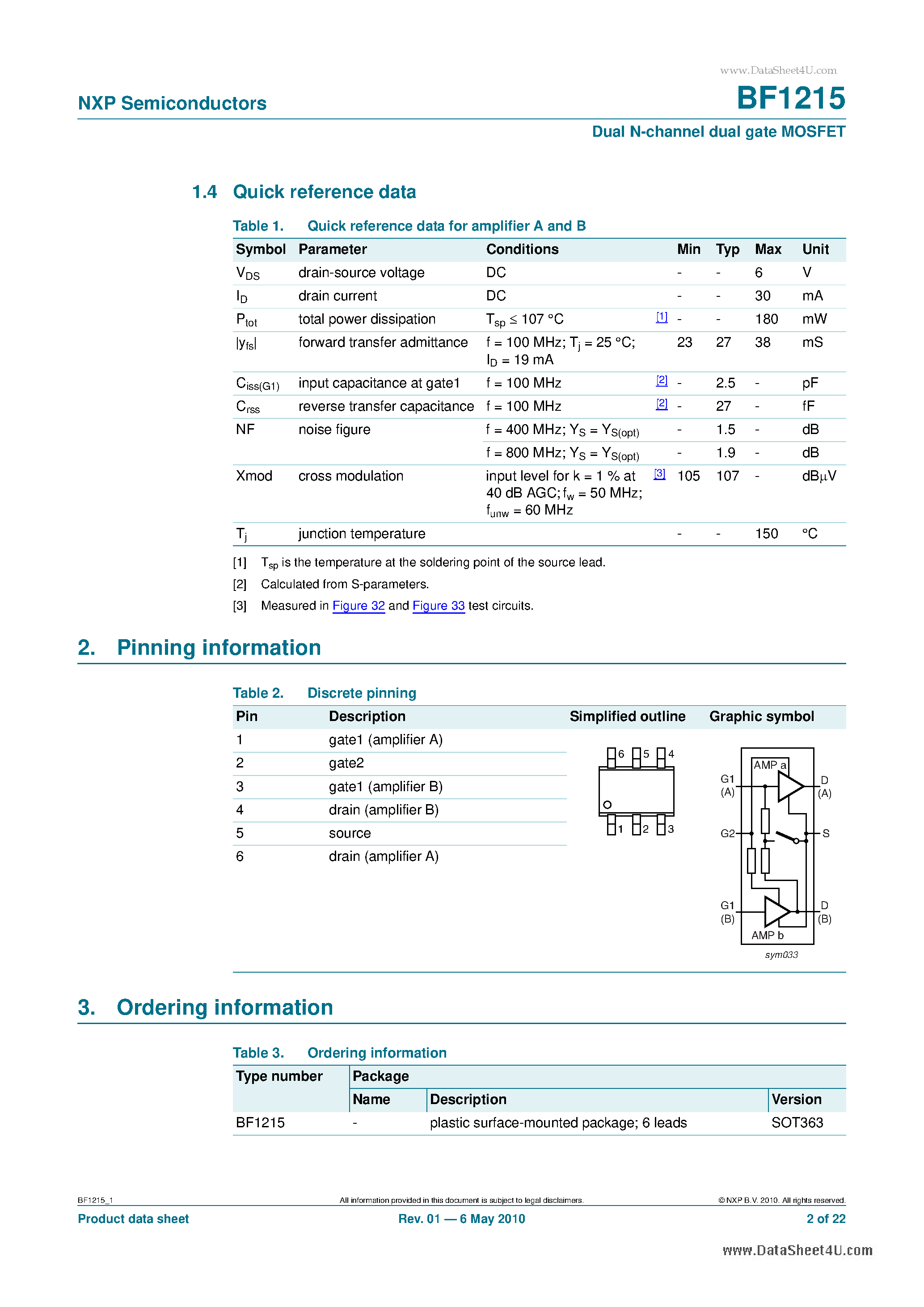 Даташит на микросхему BF1215 страница 2 Даташит BF1215 - Dual N-channel dual gate MOSFET страница 2