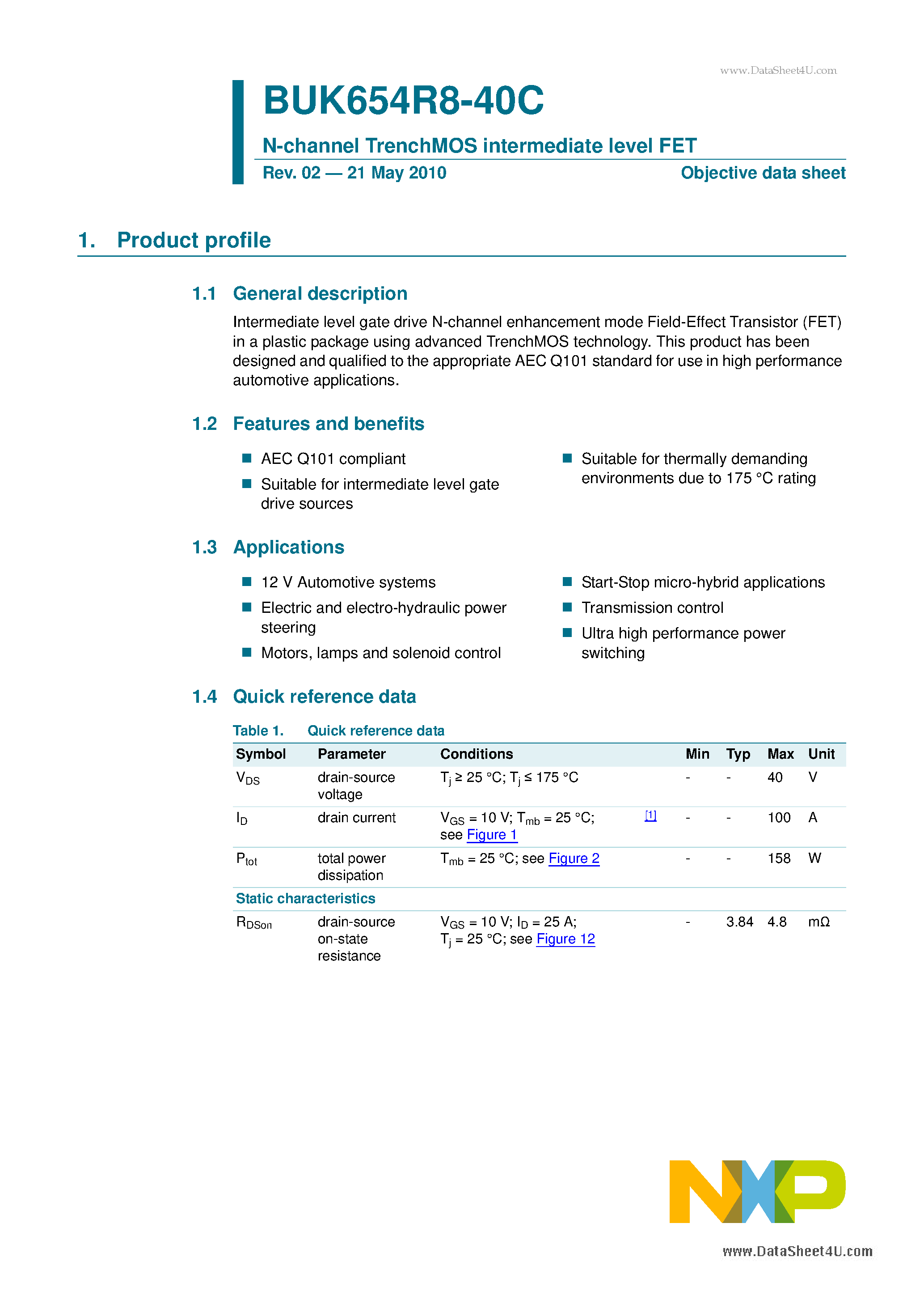 Datasheet BUK654R8-40C - N-channel TrenchMOS intermediate level FET page 1