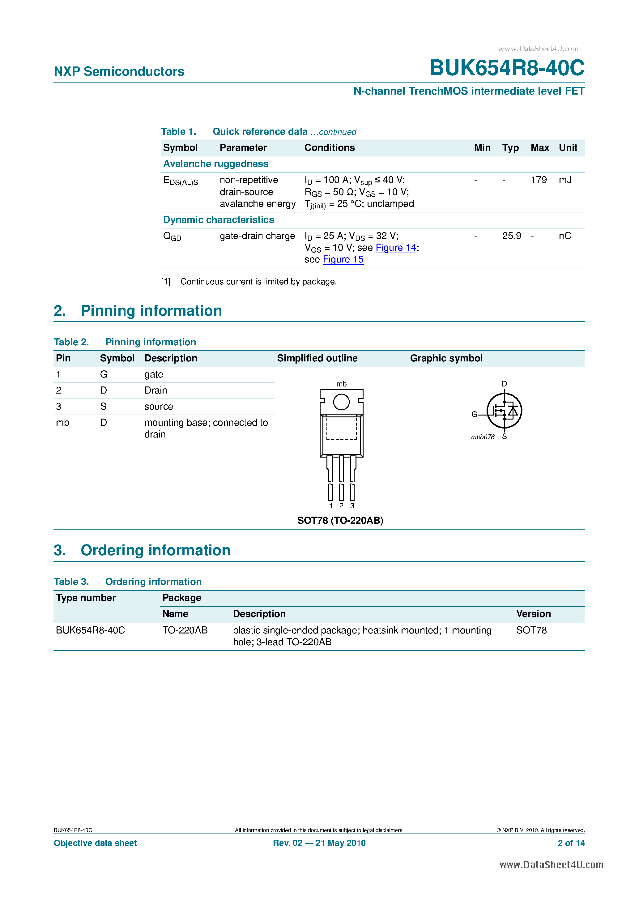 Datasheet BUK654R8-40C - N-channel TrenchMOS intermediate level FET page 2