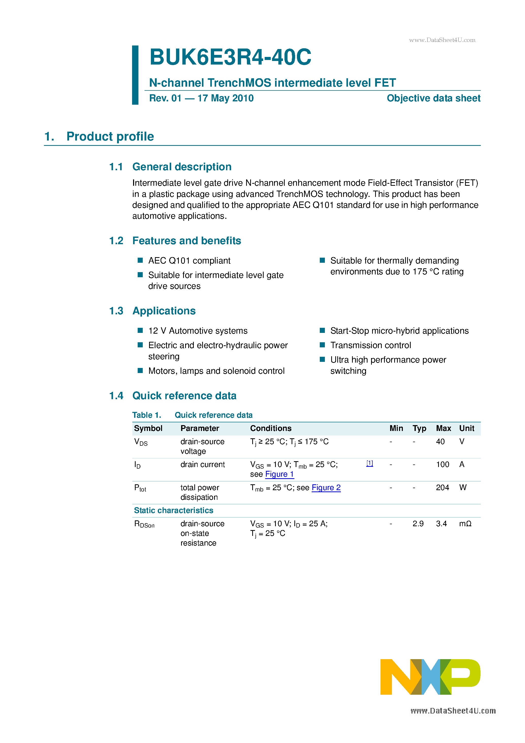 Datasheet BUK6E3R4-40C - N-channel TrenchMOS intermediate level FET page 1
