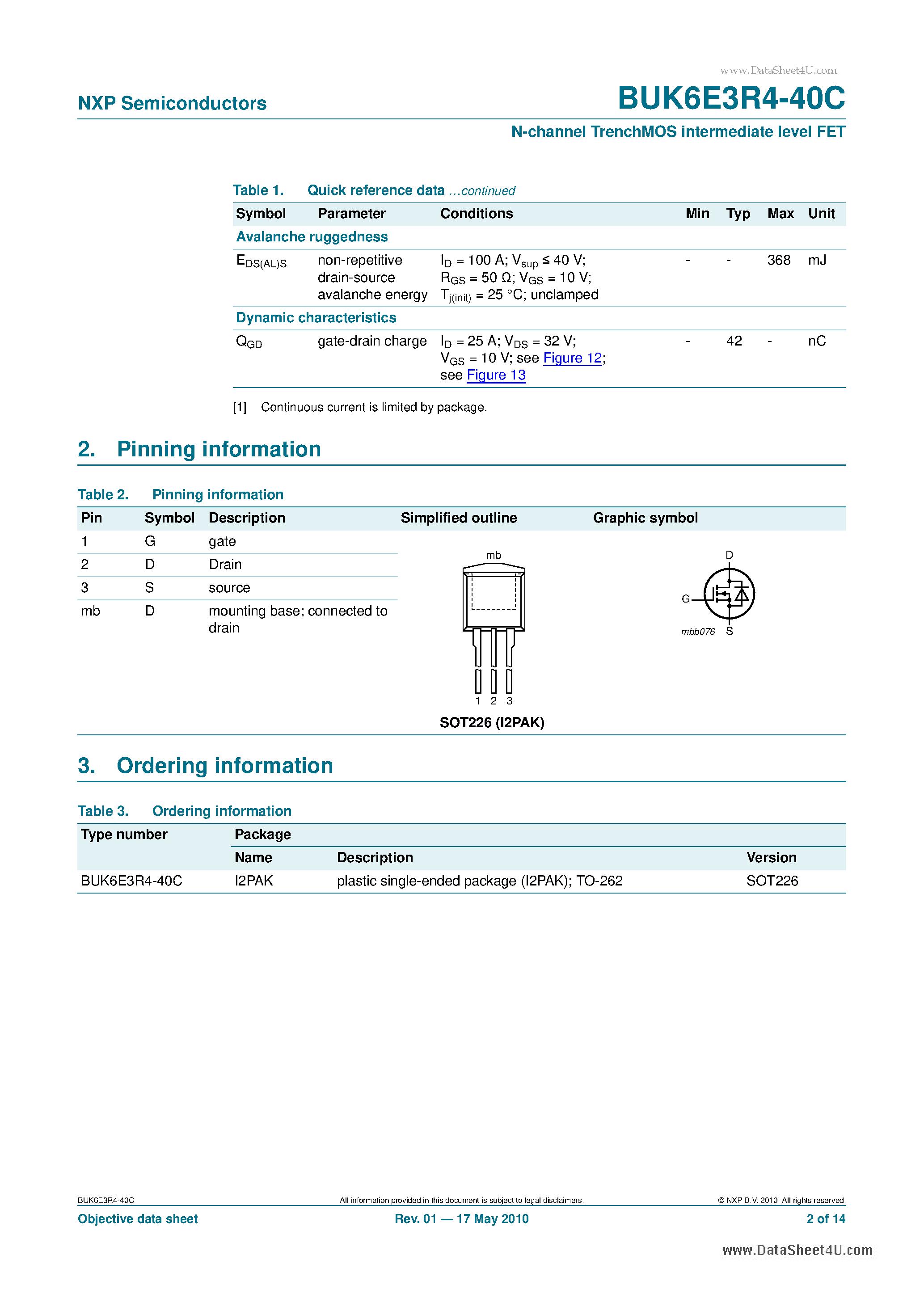 Datasheet BUK6E3R4-40C - N-channel TrenchMOS intermediate level FET page 2
