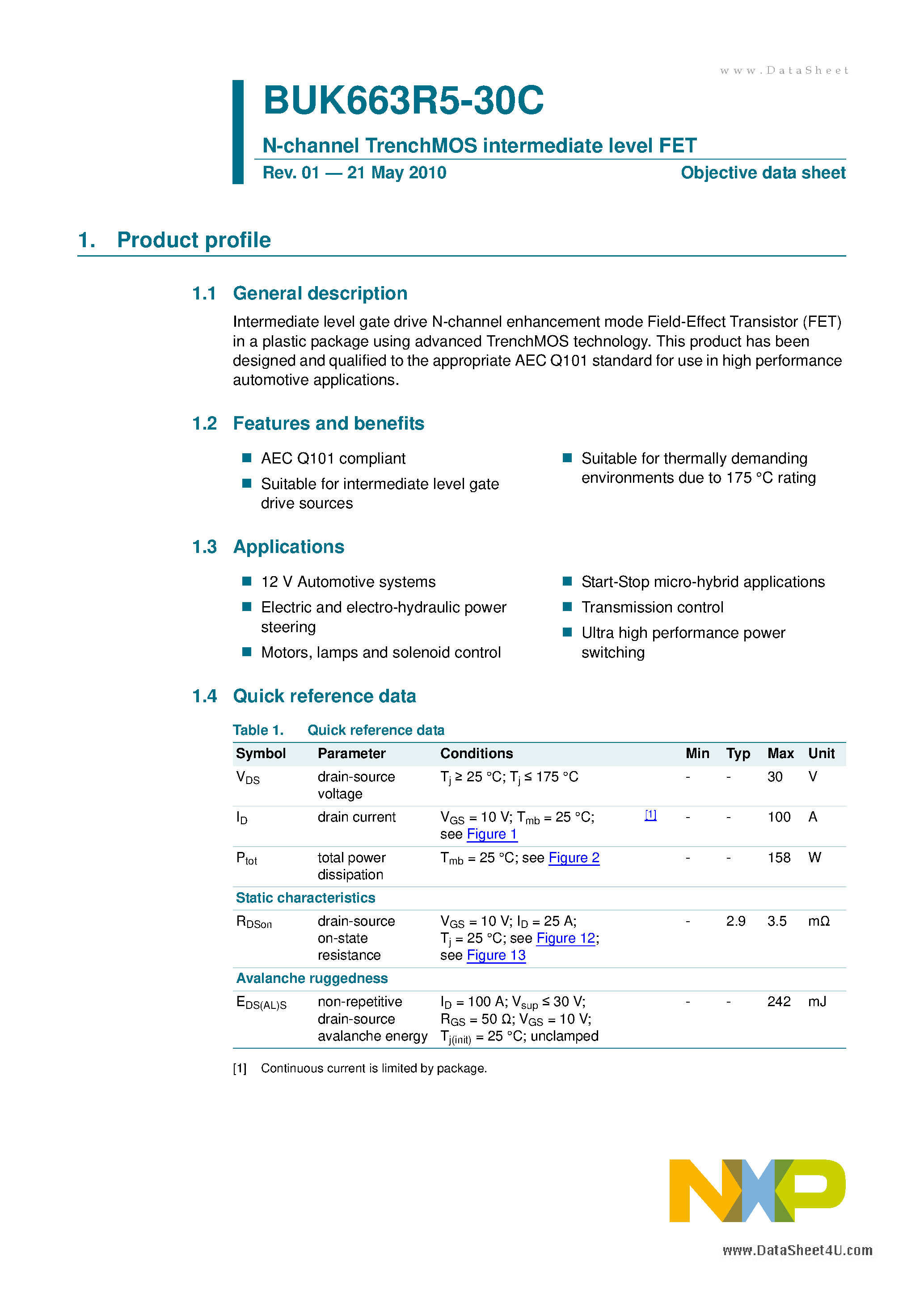 Datasheet BUK663R5-30C - N-channel TrenchMOS intermediate level FET page 1