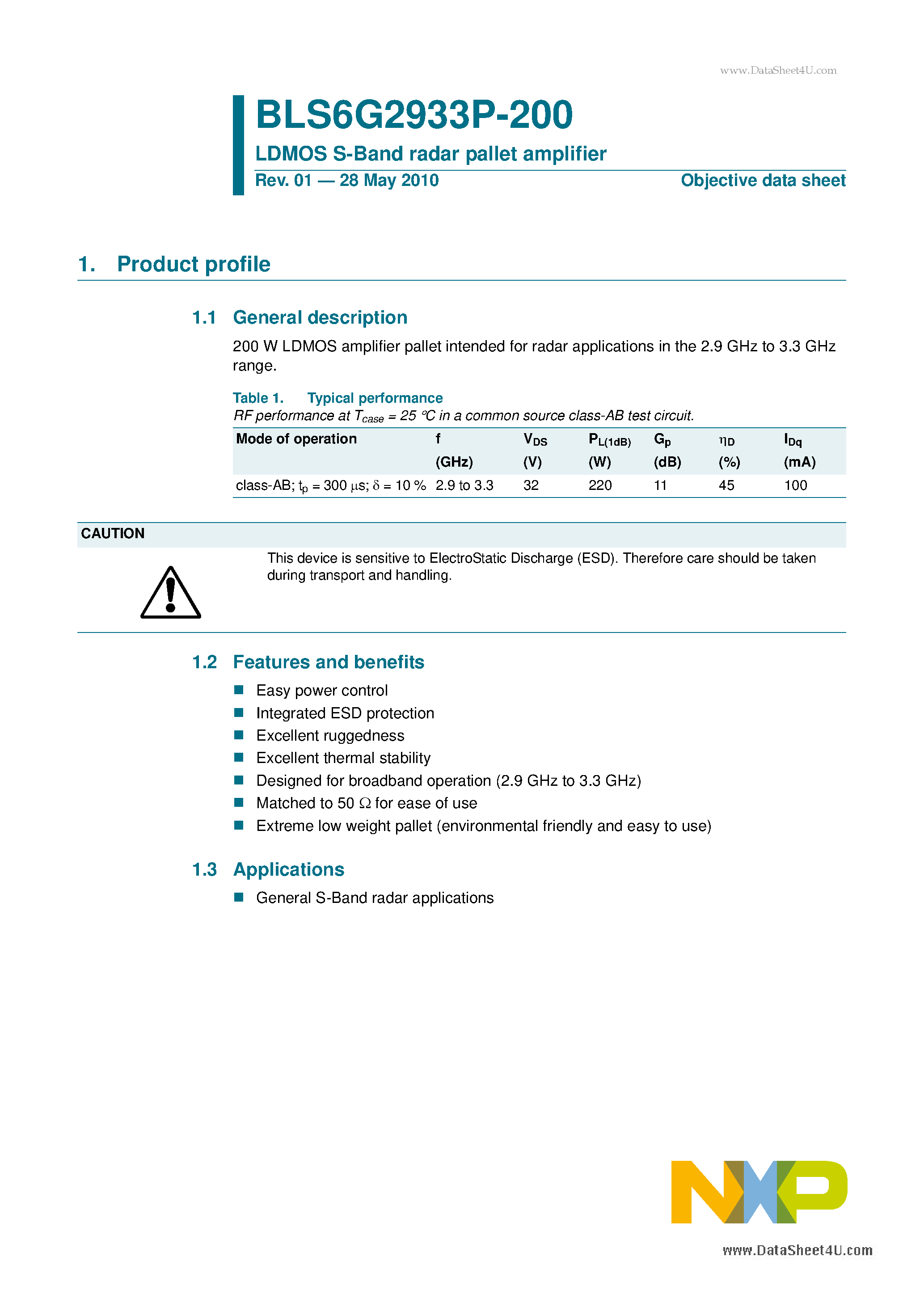 Datasheet BLS6G2933P-200 - LDMOS S-Band radar pallet amplifier page 1