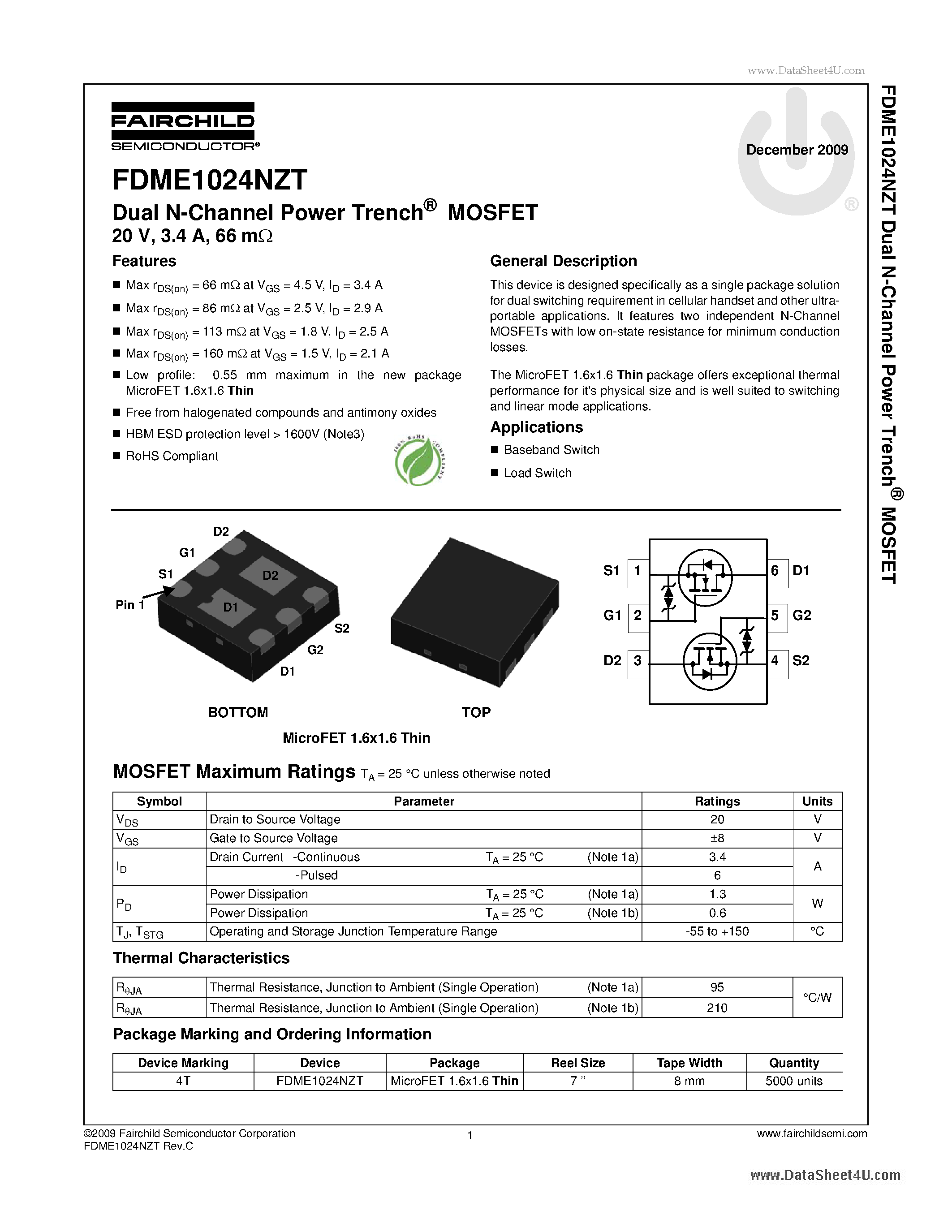 Datasheet FDME1024NZT - Dual N-Channel Power Trench MOSFET page 1