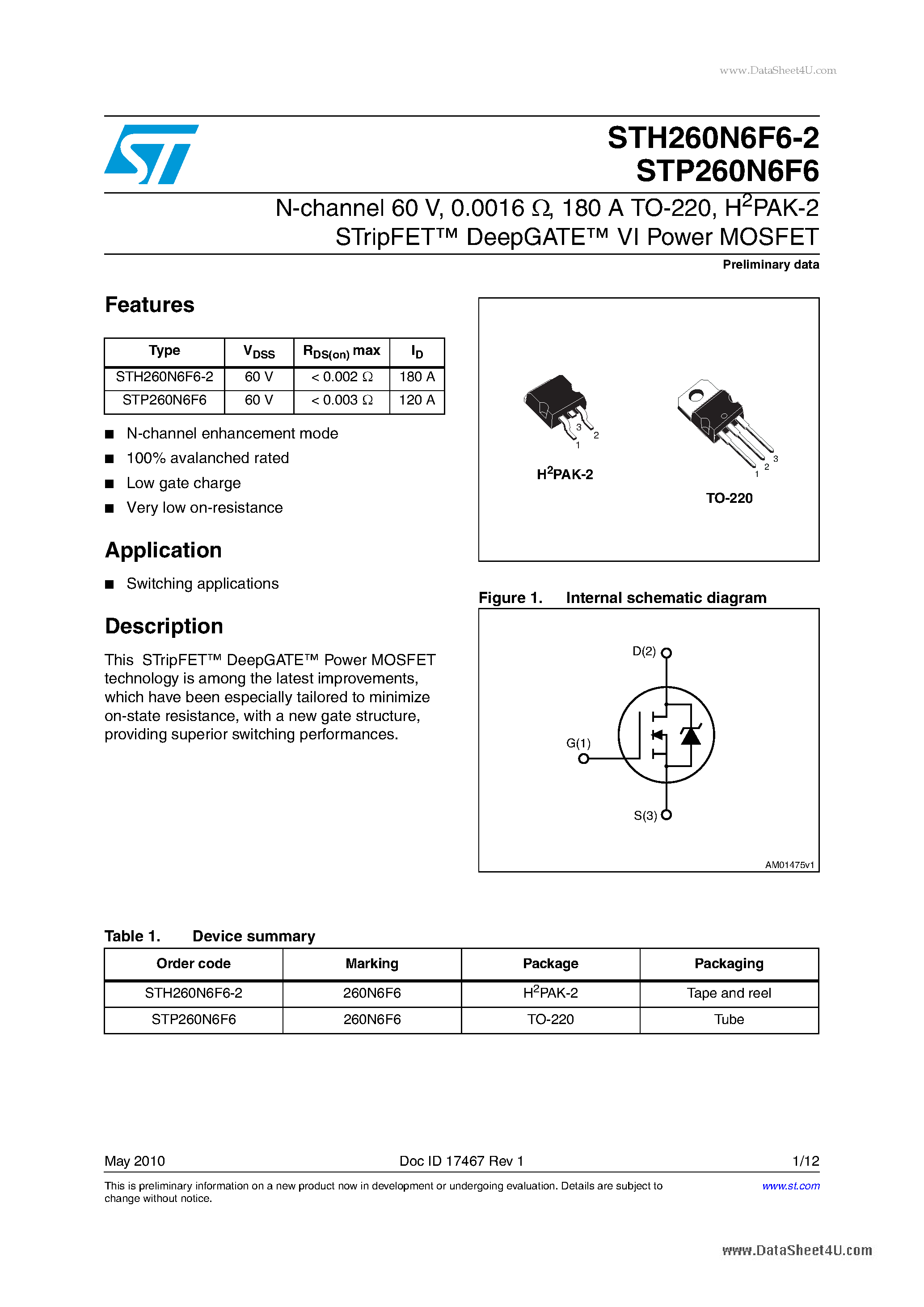 Datasheet STH260N6F6-2 - H2PAK-2 STripFET DeepGATE VI Power MOSFET page 1