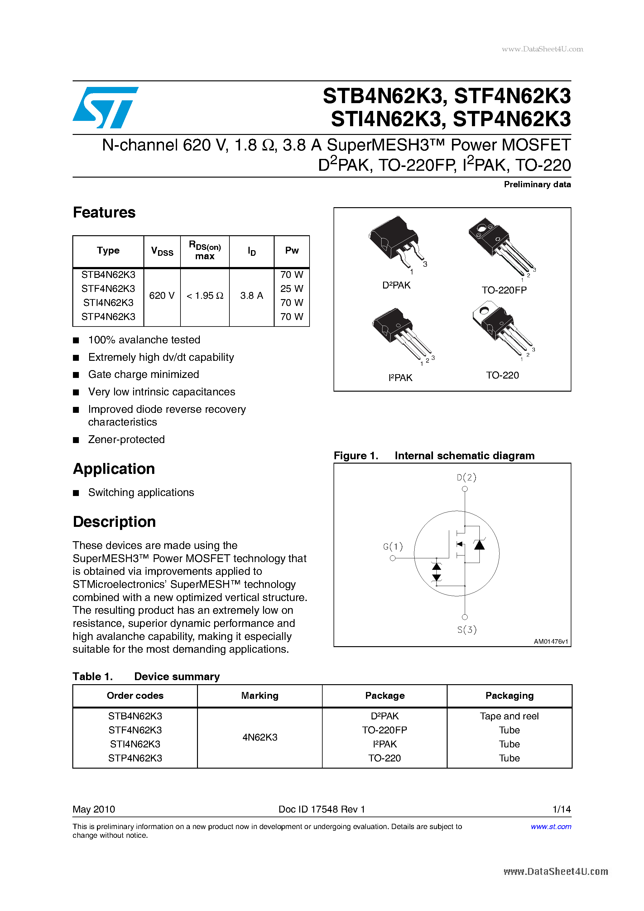 Datasheet STP4N62K3 page 1 Datasheet STP4N62K3 - SuperMESH3 Power MOSFET page 1