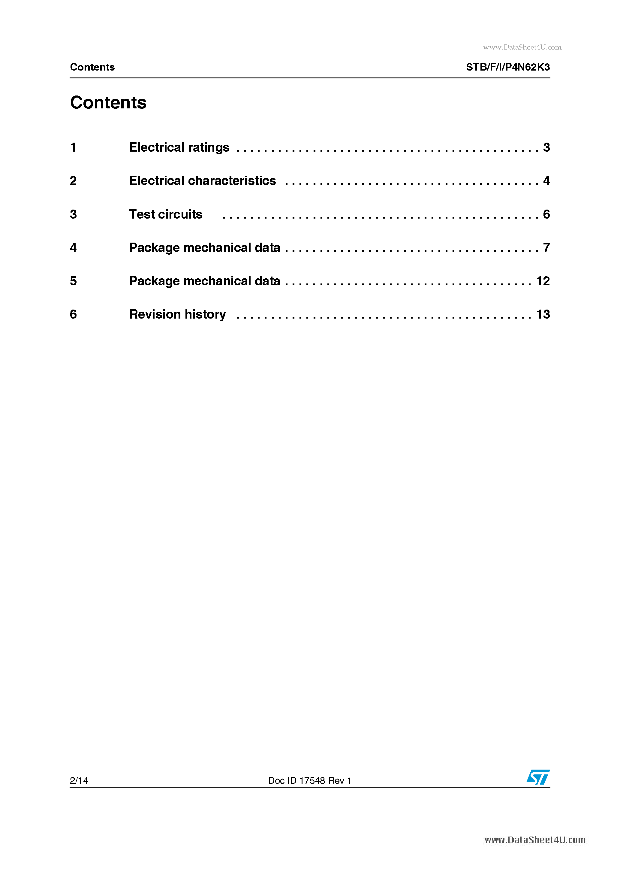 Datasheet STP4N62K3 page 2 Datasheet STP4N62K3 - SuperMESH3 Power MOSFET page 2