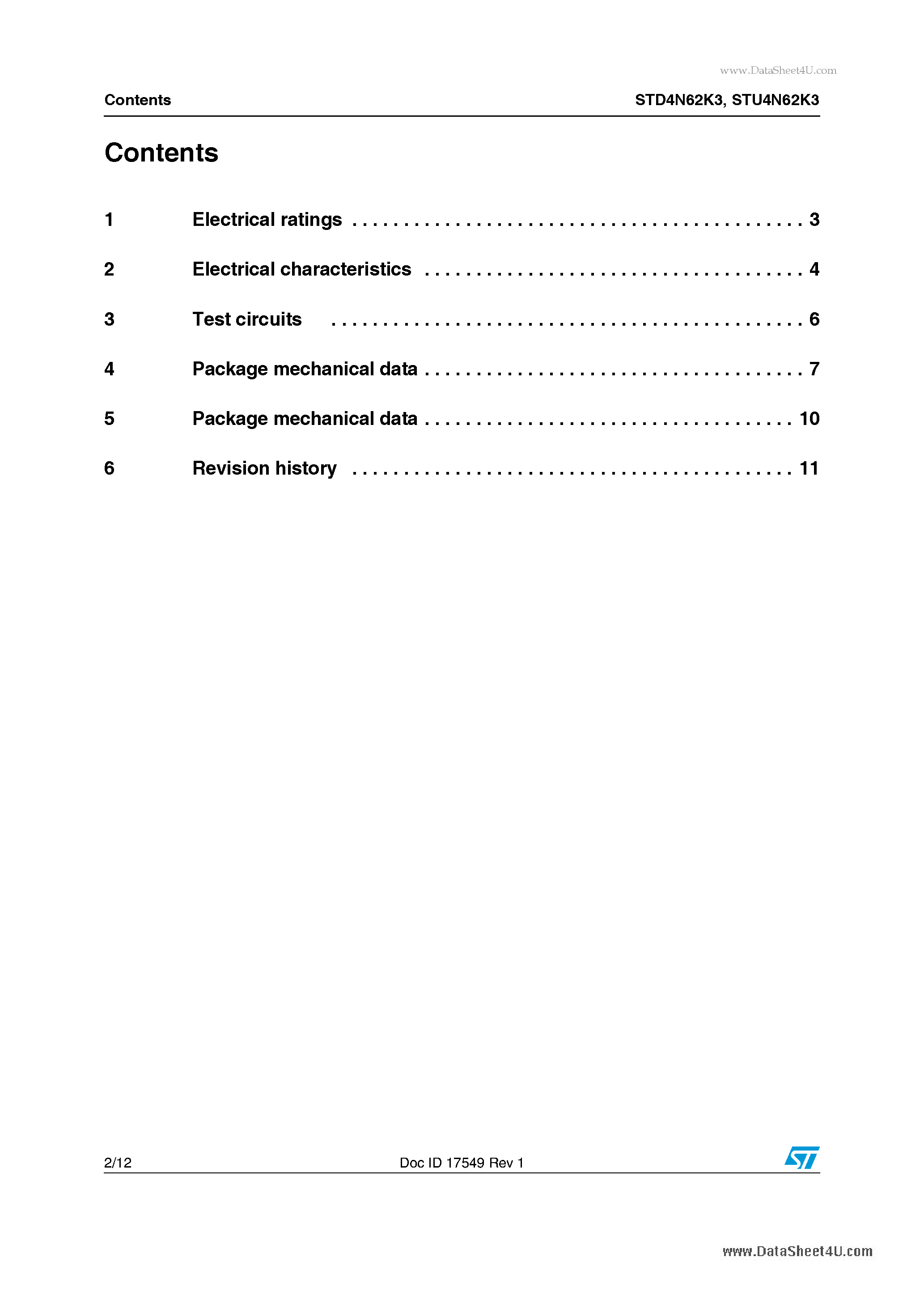 Datasheet STD4N62K3 - SuperMESH3 Power MOSFET page 2