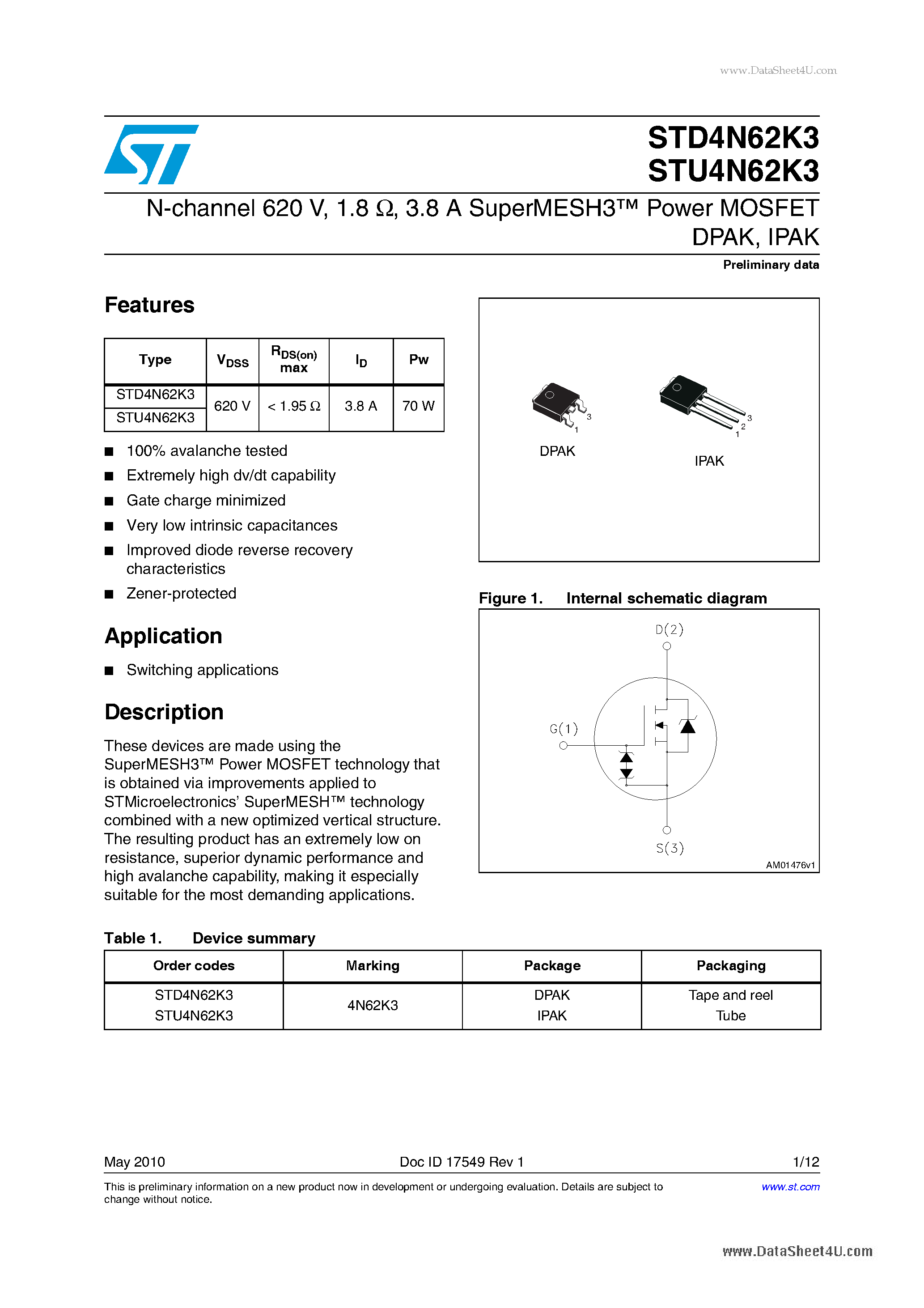 Даташит STU4N62K3 - SuperMESH3 Power MOSFET страница 1