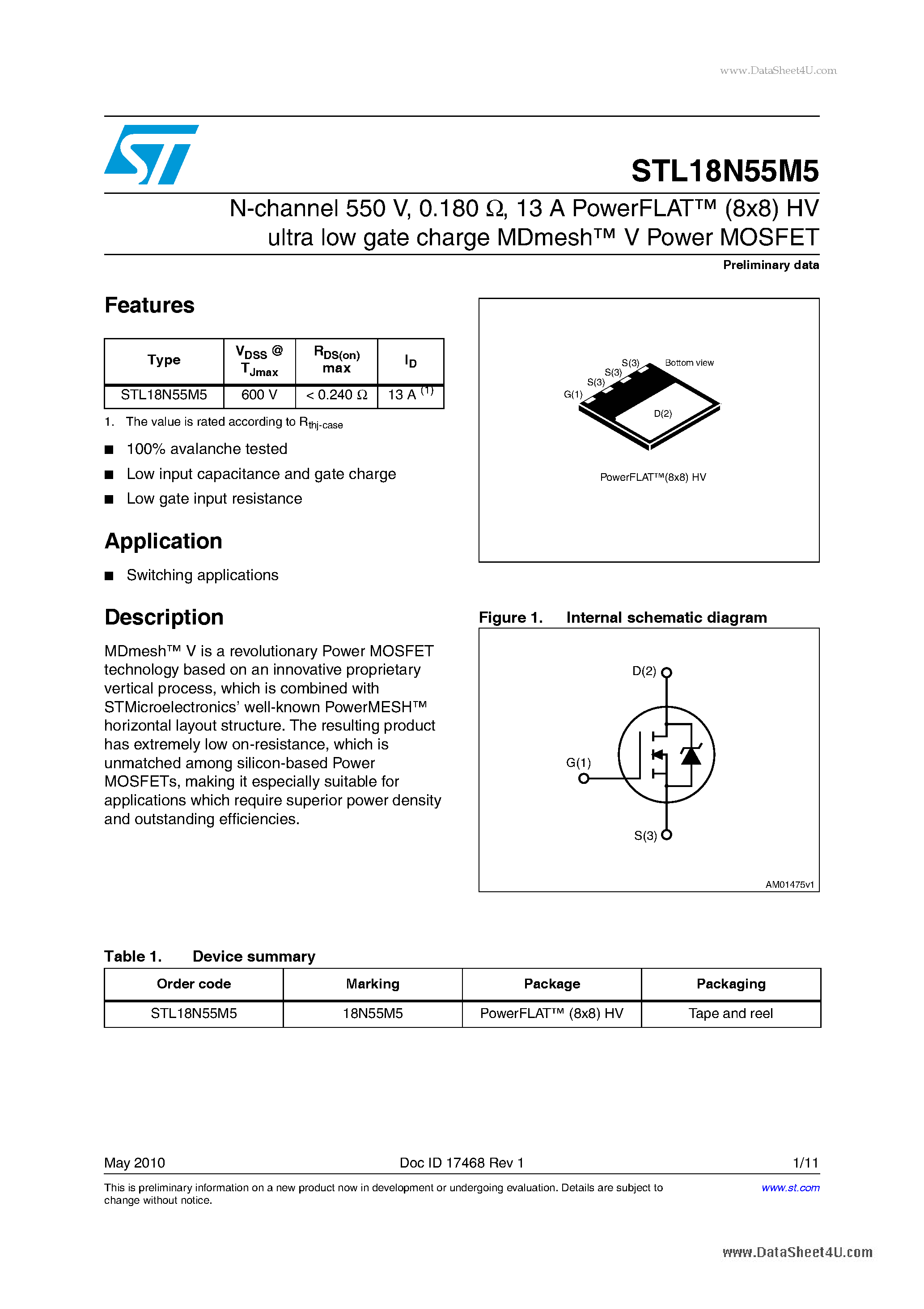 Даташит STL18N55M5 - 13 A PowerFLAT (8x8) HV ultra low gate charge MDmesh V Power MOSFET страница 1