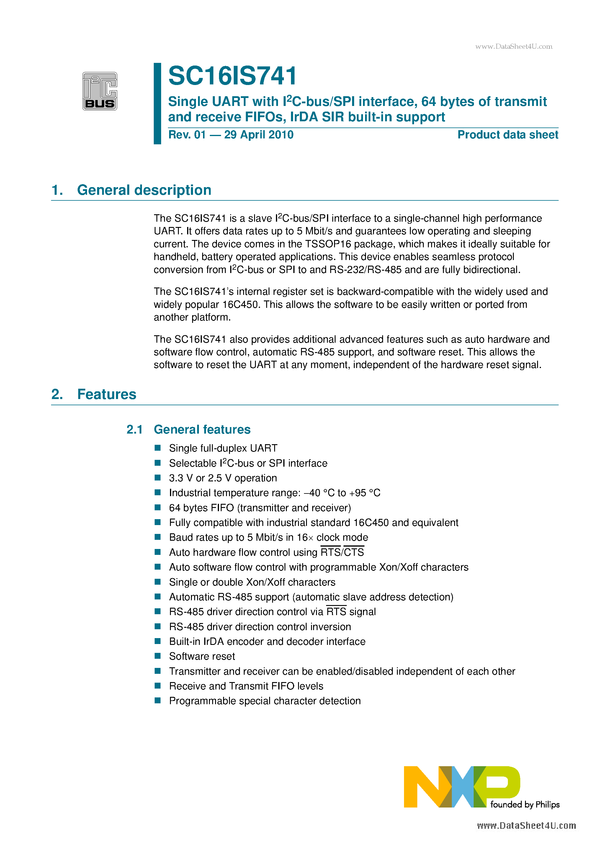 Datasheet SC16IS741 page 1 Datasheet SC16IS741 - Single UART with I2C-bus/SPI interface page 1