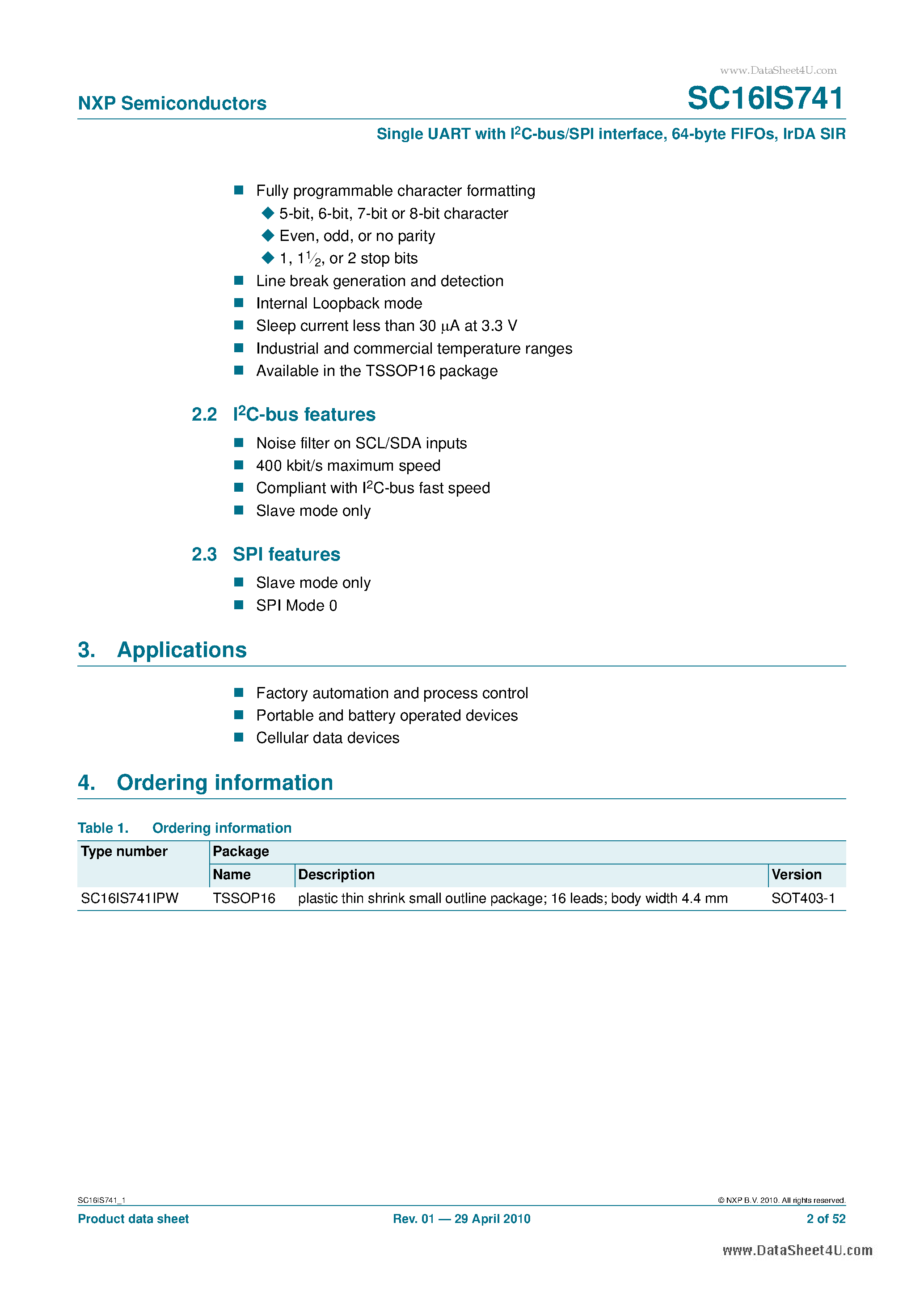 Datasheet SC16IS741 page 2 Datasheet SC16IS741 - Single UART with I2C-bus/SPI interface page 2