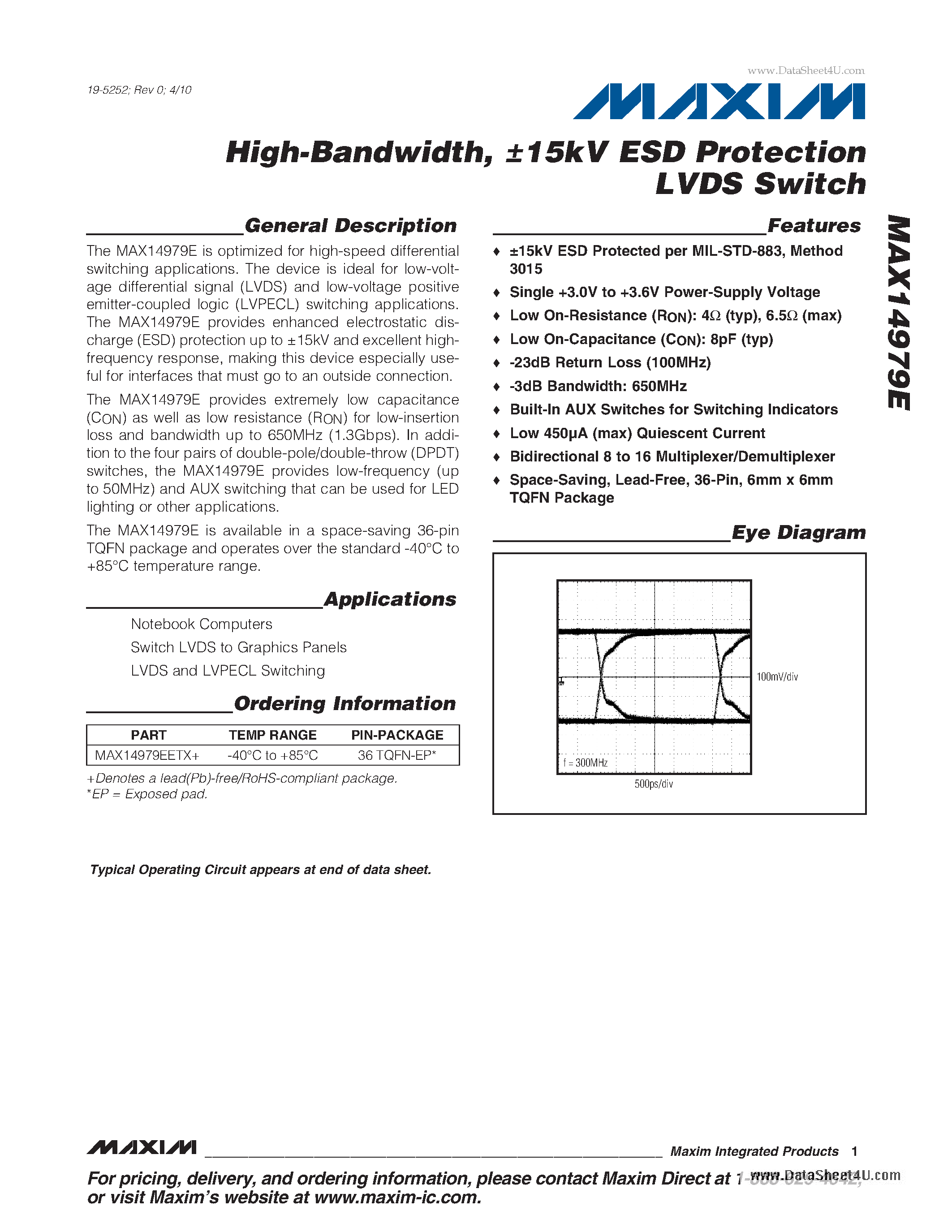 Datasheet MAX14979E page 1 Datasheet MAX14979E - +-15kV ESD Protection LVDS Switch page 1