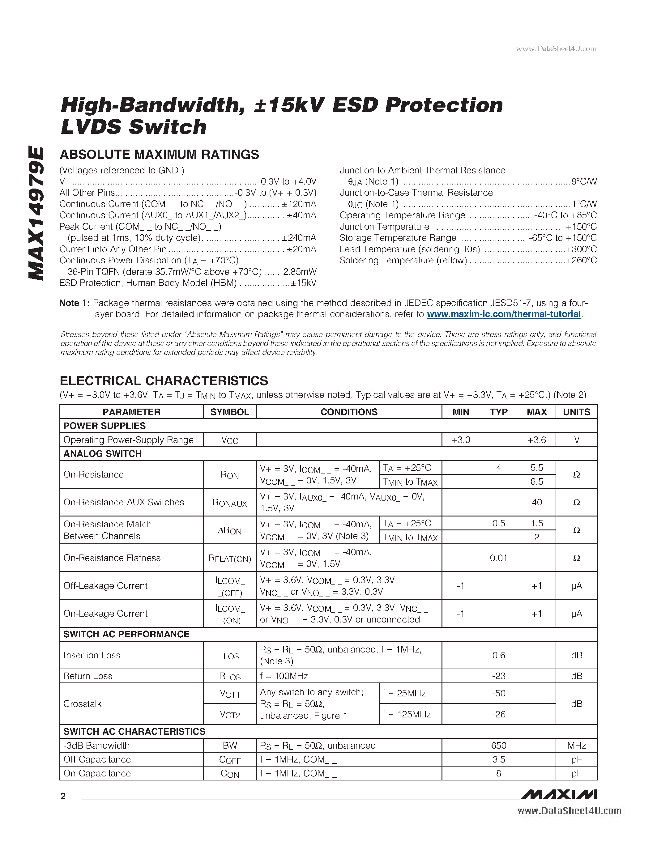 Datasheet MAX14979E page 2 Datasheet MAX14979E - +-15kV ESD Protection LVDS Switch page 2