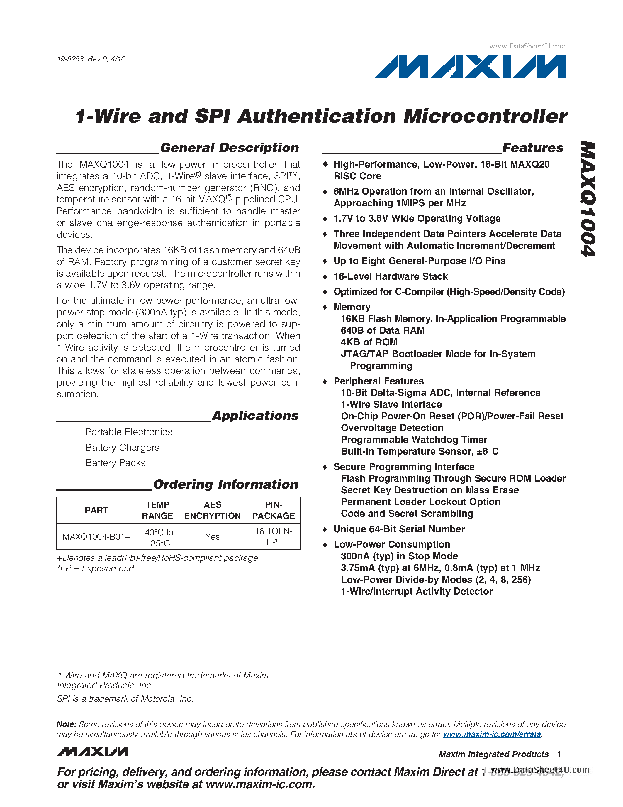 Datasheet MAXQ1004 - 1-Wire and SPI Authentication Microcontroller page 1