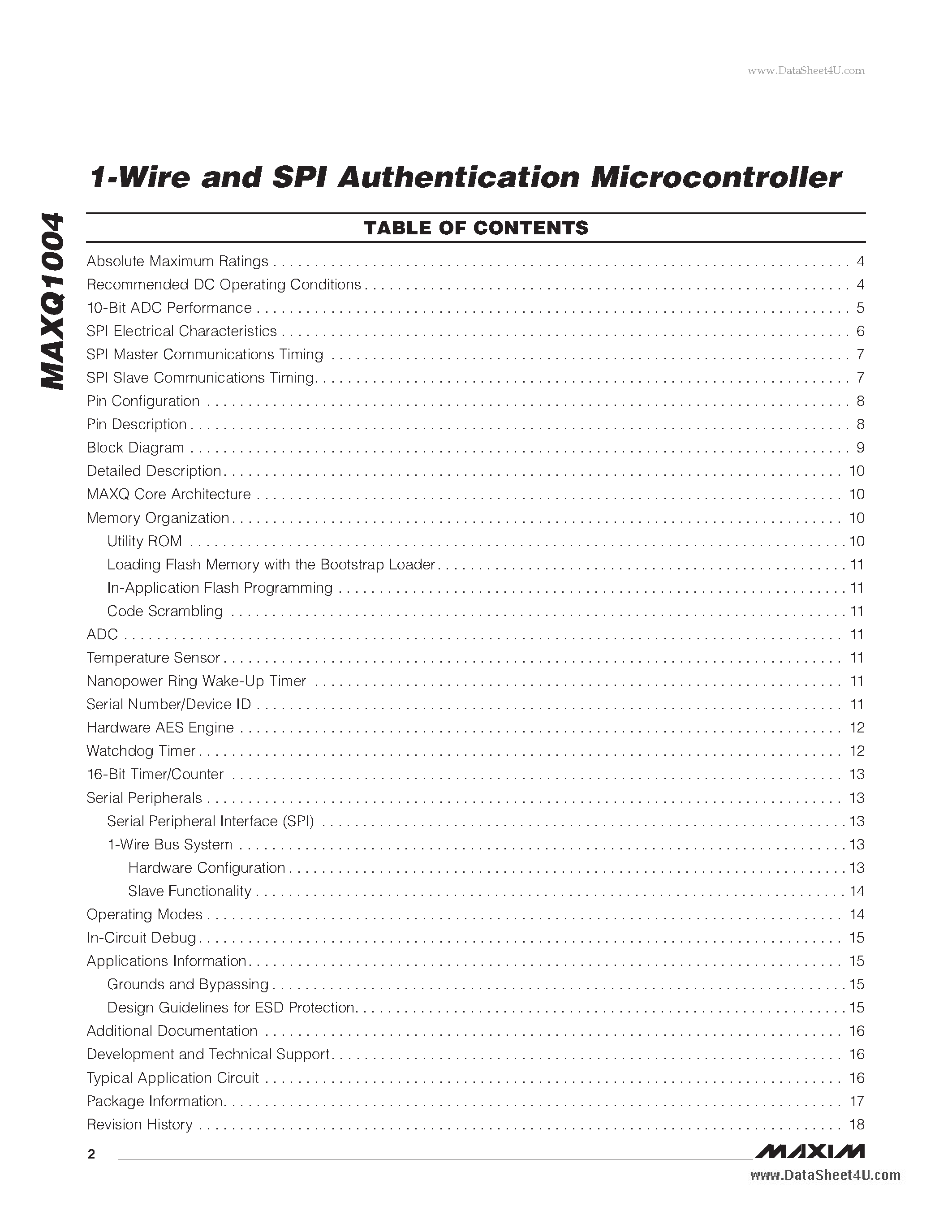 Datasheet MAXQ1004 - 1-Wire and SPI Authentication Microcontroller page 2