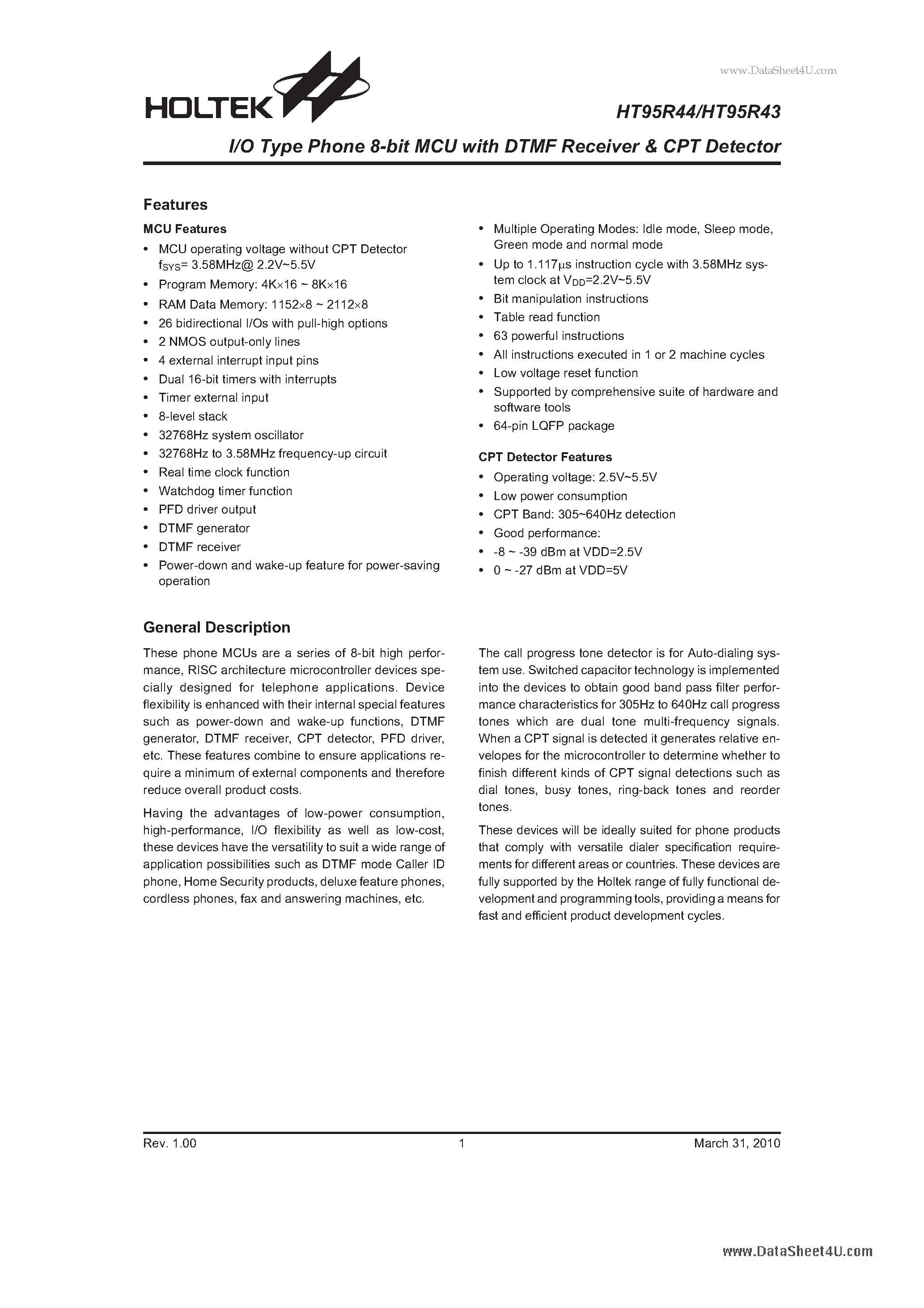 Datasheet HT95R43 page 1 Datasheet HT95R43 - I/O Type Phone 8-bit MCU page 1