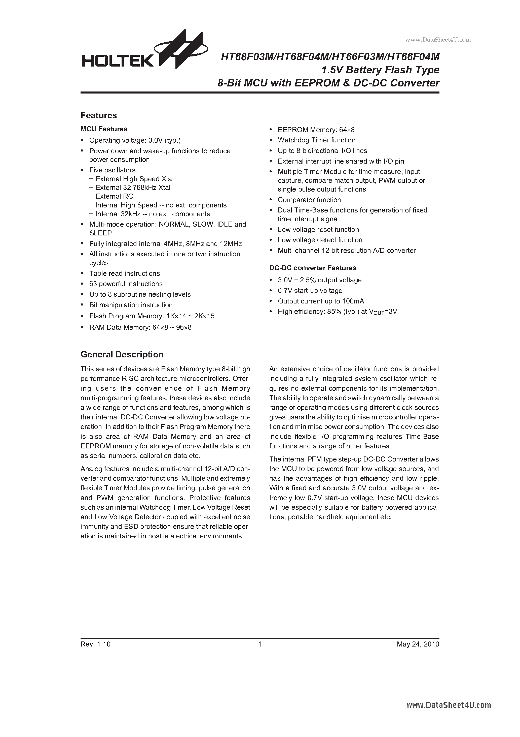 Datasheet HT66F03M - 1.5V Battery Flash Type 8-Bit MCU page 1