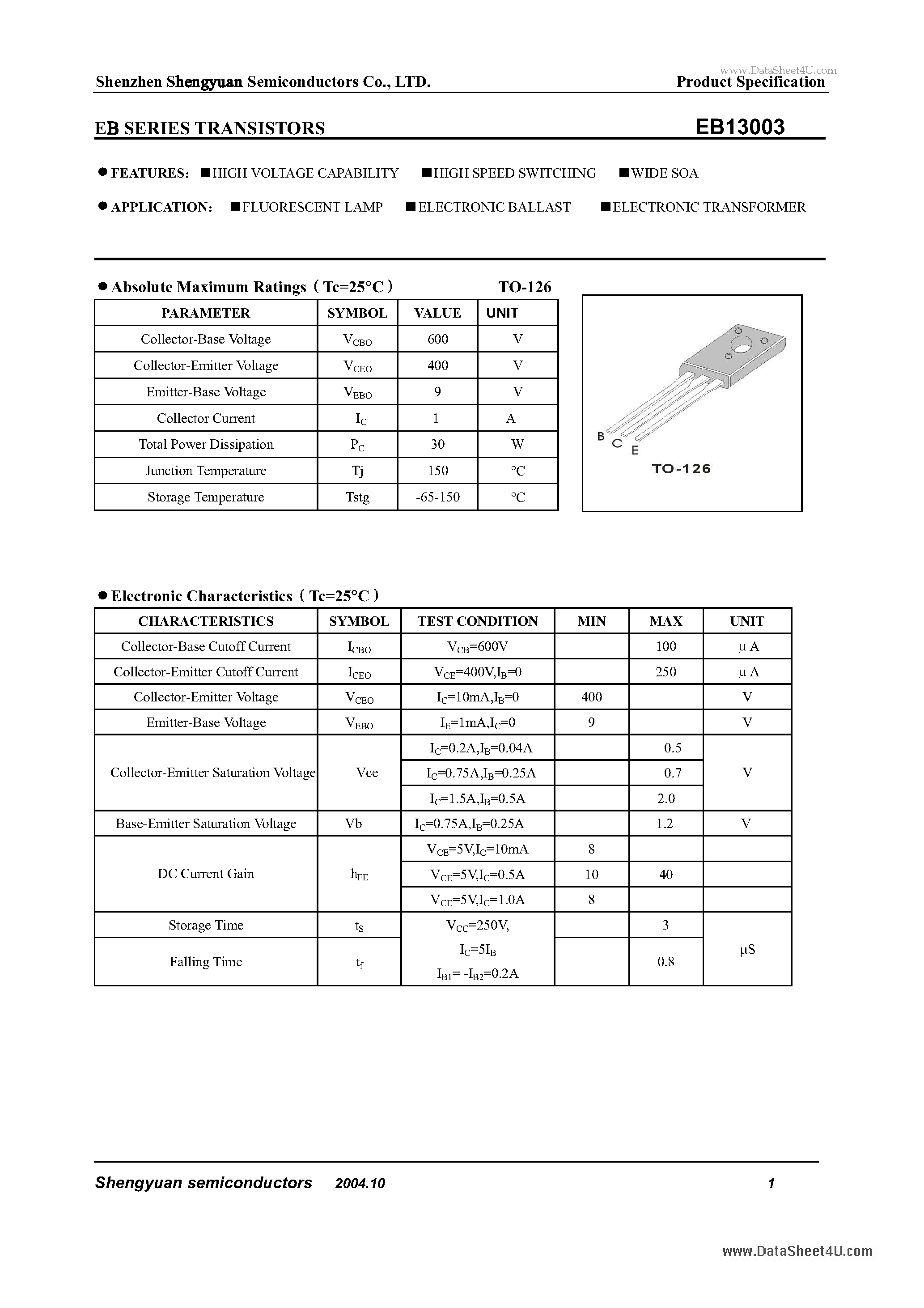 Даташит на микросхему EB13003 страница 1 Даташит EB13003 - TRANSISTORS страница 1