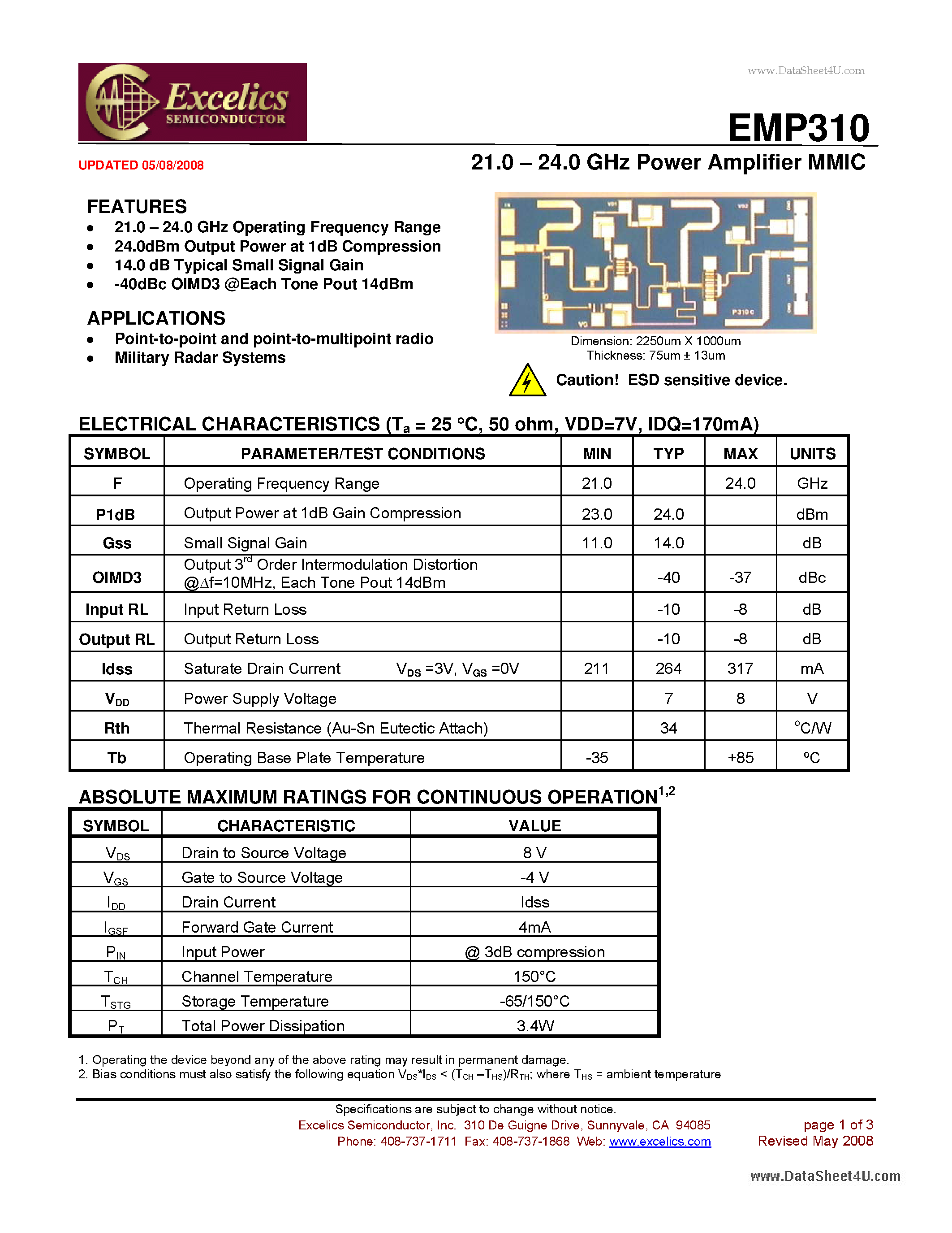 Datasheet EMP310 - 21.0 - 24.0 GHz Power Amplifier MMIC page 1