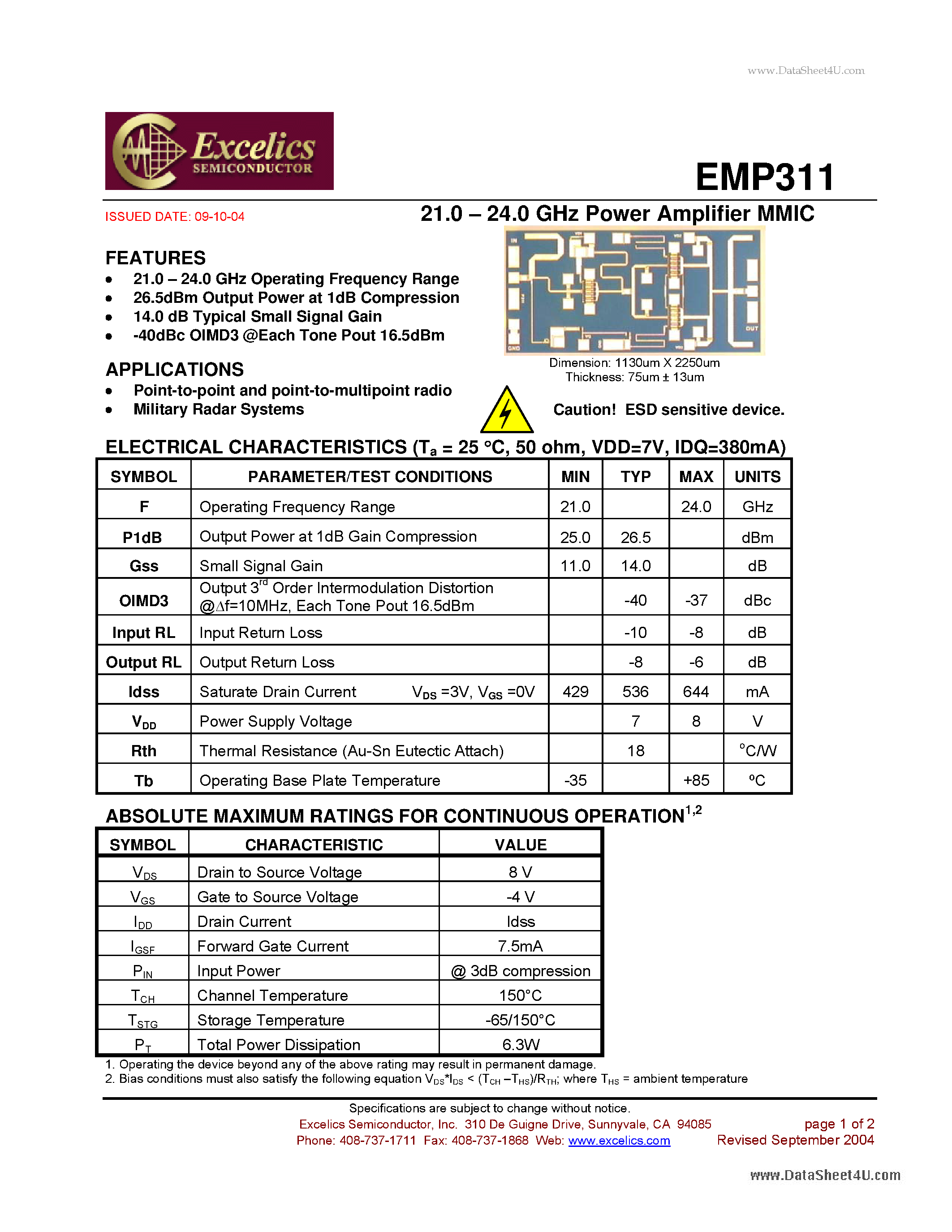 Datasheet EMP311 - 21.0 - 24.0 GHz Power Amplifier MMIC page 1