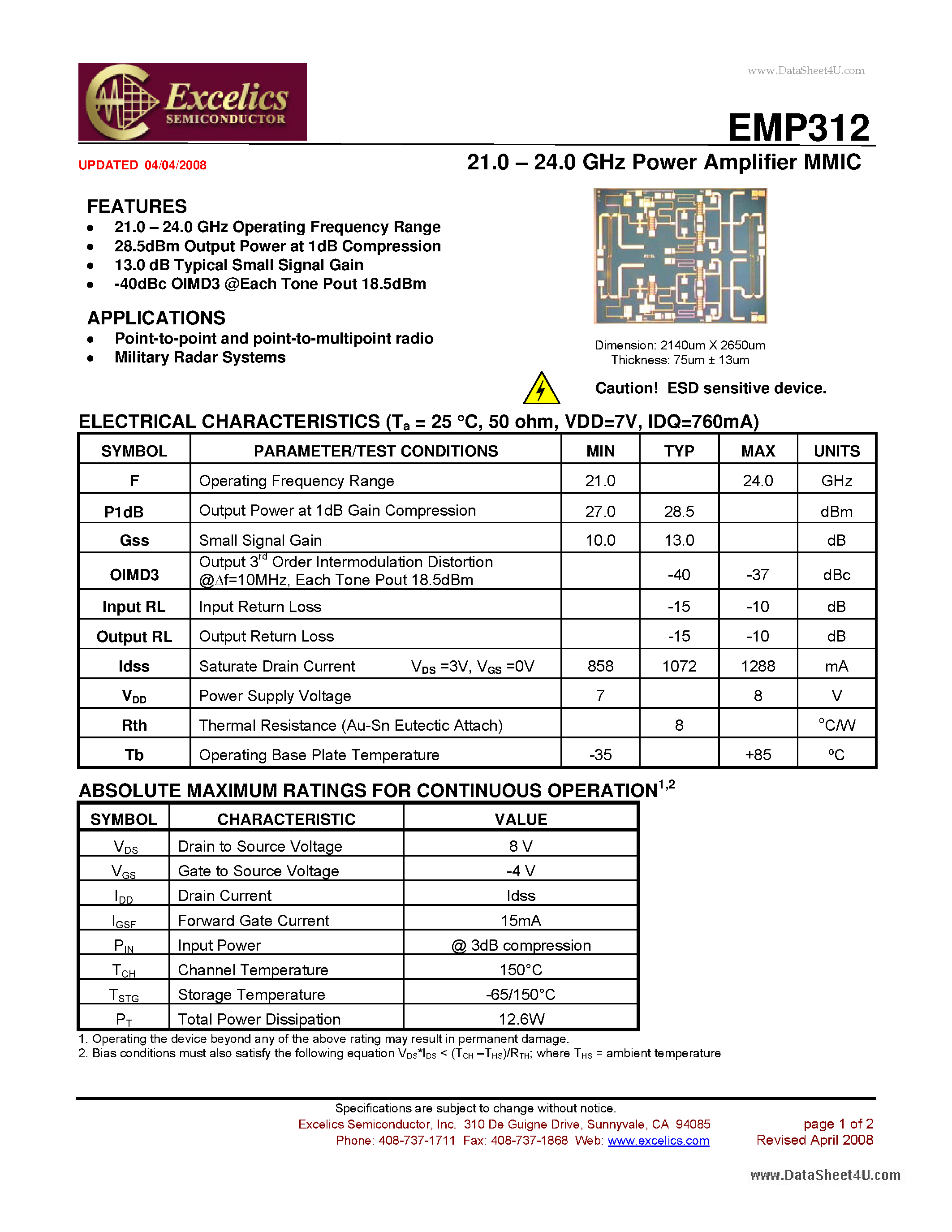 Datasheet EMP312 - 21.0 - 24.0 GHz Power Amplifier MMIC page 1