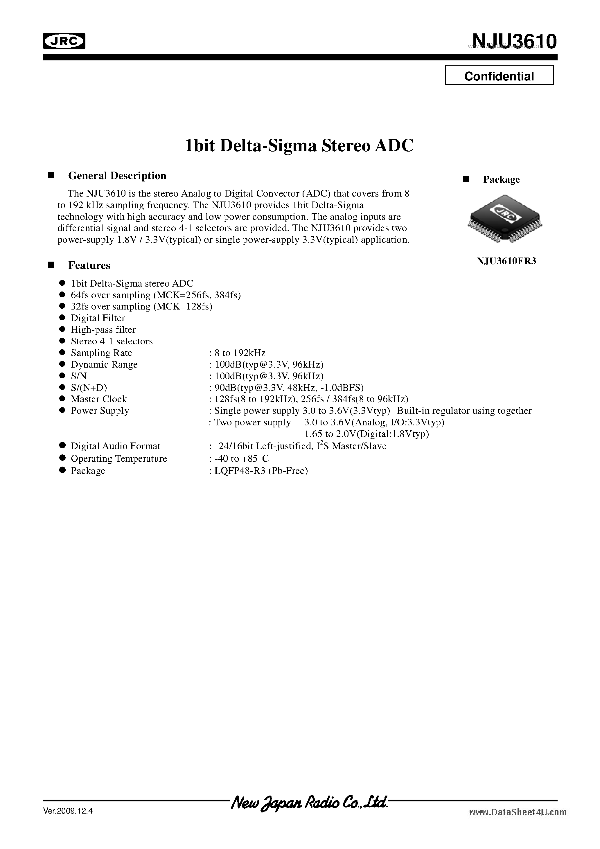 Datasheet NJU3610 - 1bit Delta-Sigma Stereo ADC page 1