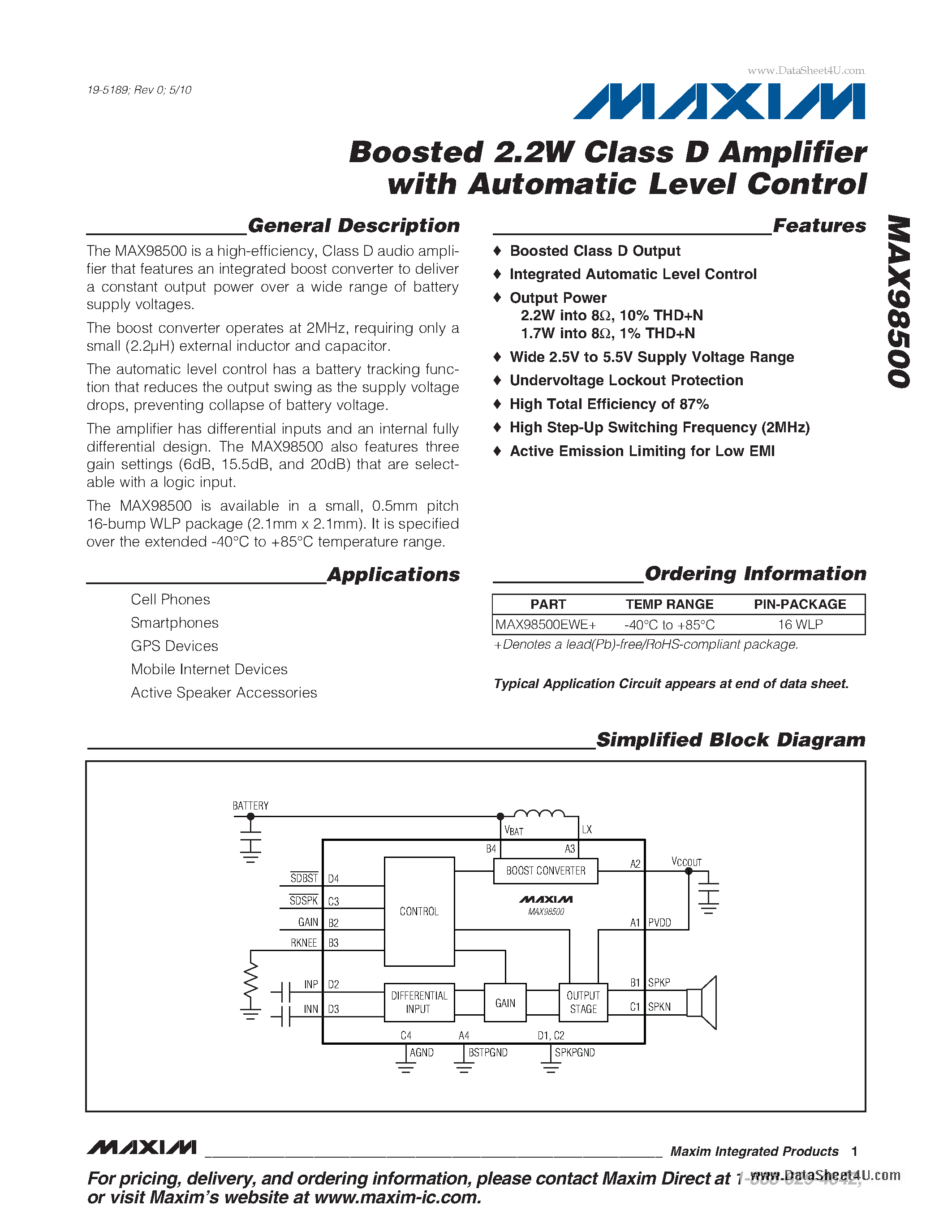 Даташит на микросхему MAX98500 страница 1 Даташит MAX98500 - Boosted 2.2W Class D Amplifier страница 1