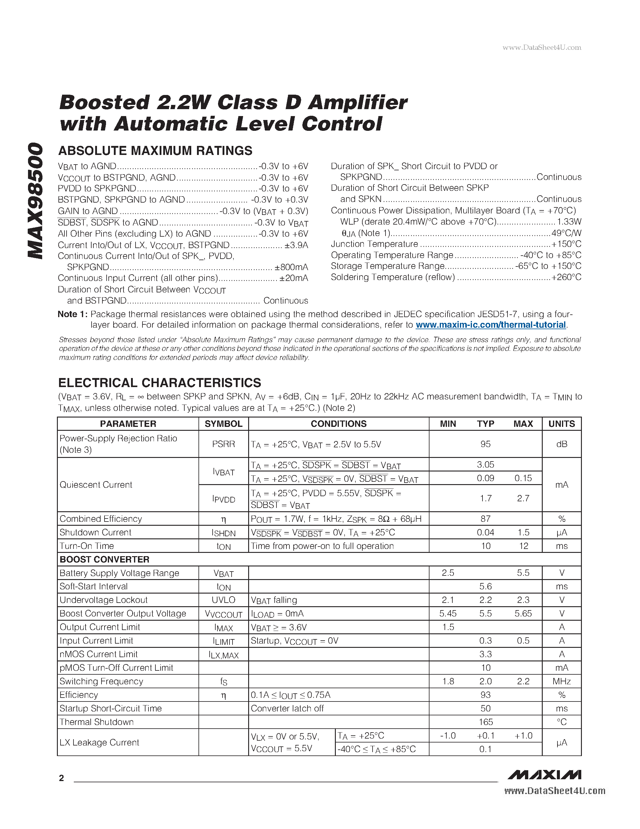 Даташит на микросхему MAX98500 страница 2 Даташит MAX98500 - Boosted 2.2W Class D Amplifier страница 2