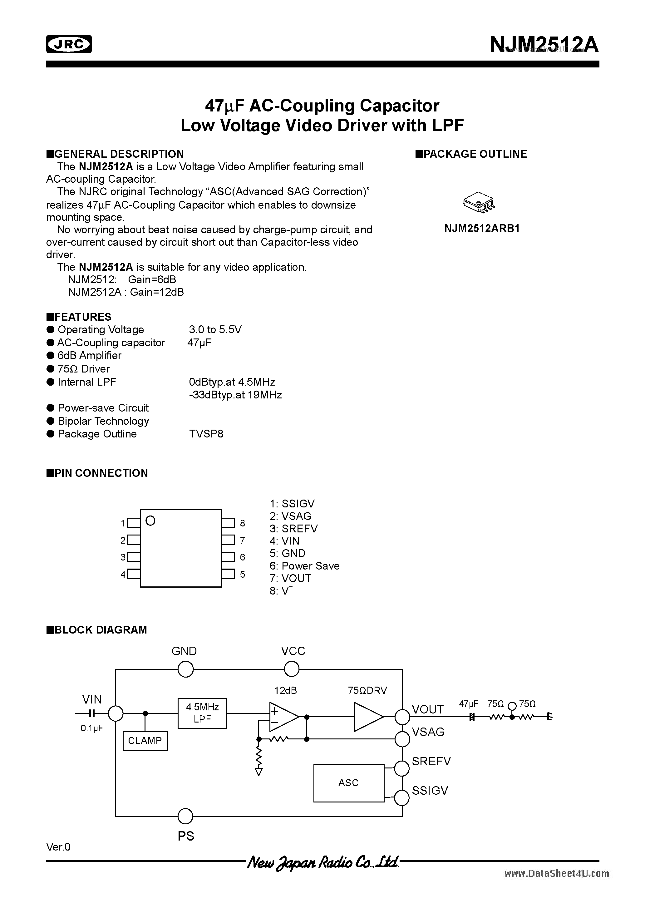 Datasheet NJM2512A - 47uF AC-Coupling Capacitor Low Voltage Video Driver page 1