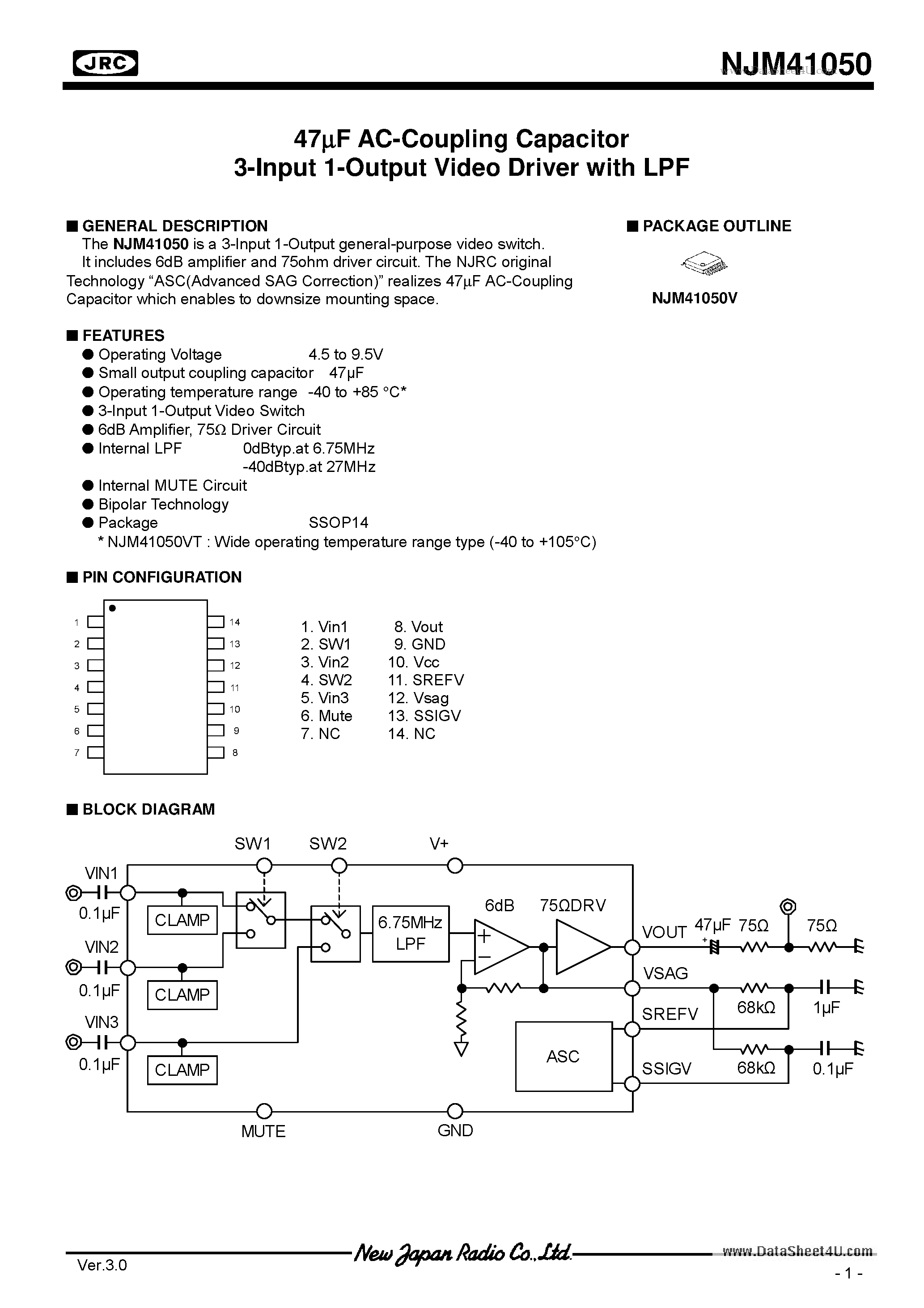 Datasheet NJM41050 - 47uF AC-Coupling Capacitor 3-Input 1-Output Video Driver page 1