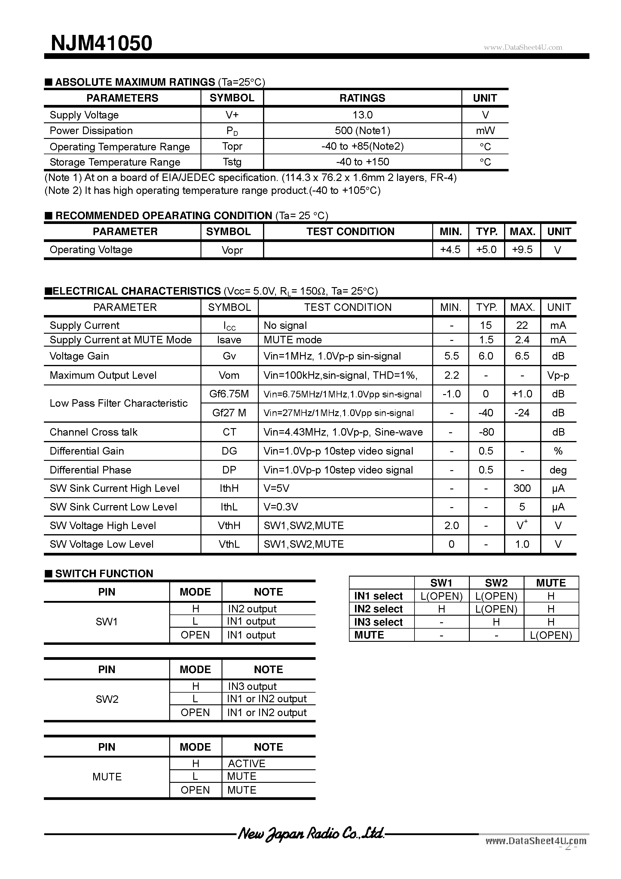 Datasheet NJM41050 - 47uF AC-Coupling Capacitor 3-Input 1-Output Video Driver page 2
