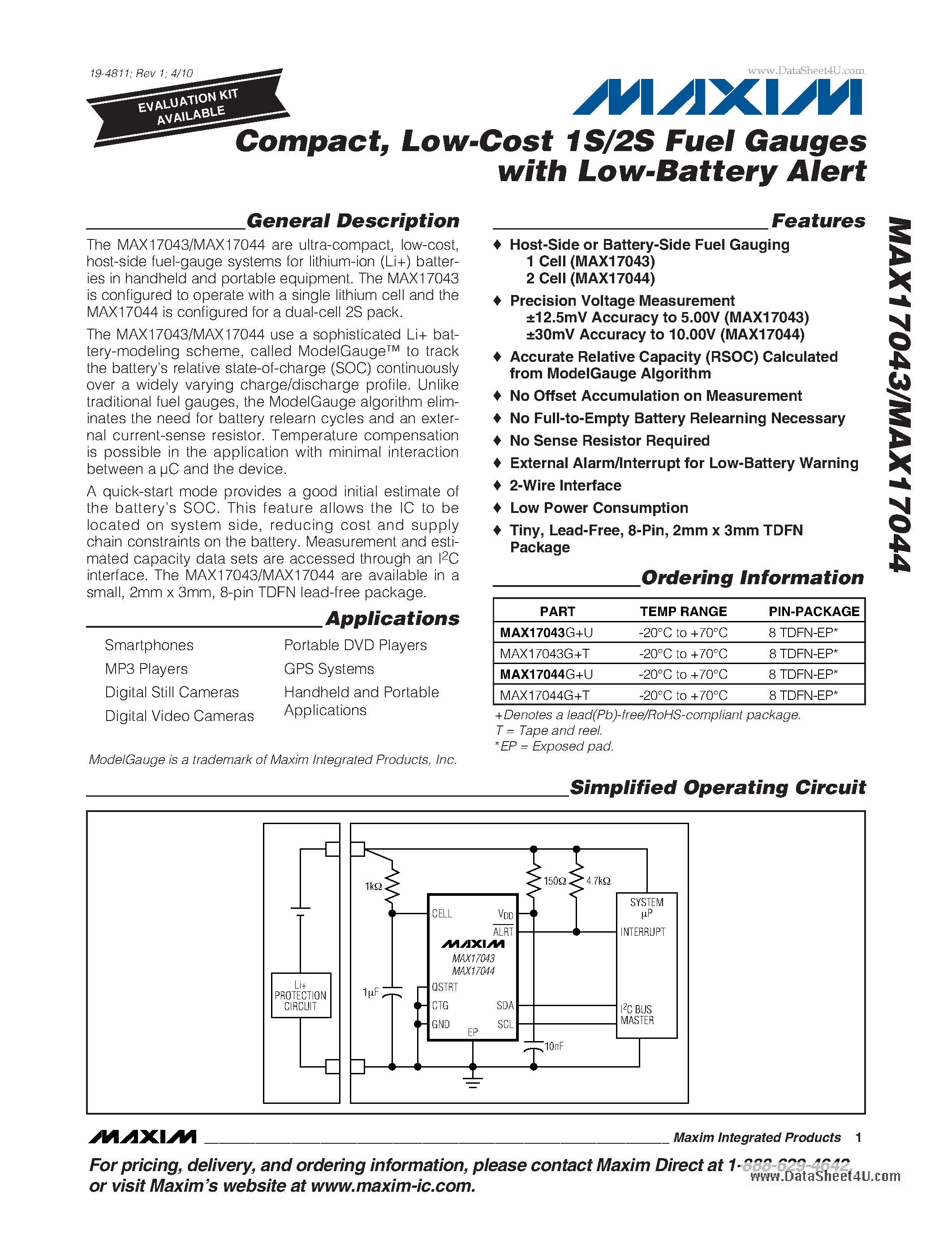 Даташит на микросхему MAX17043 страница 1 Даташит MAX17043 - Low-Cost 1S/2S Fuel Gauges страница 1