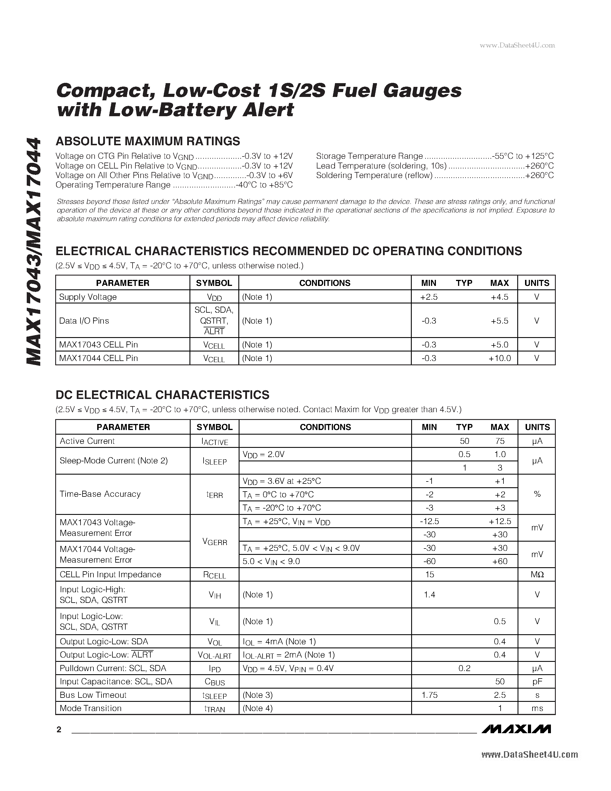 Даташит на микросхему MAX17043 страница 2 Даташит MAX17043 - Low-Cost 1S/2S Fuel Gauges страница 2