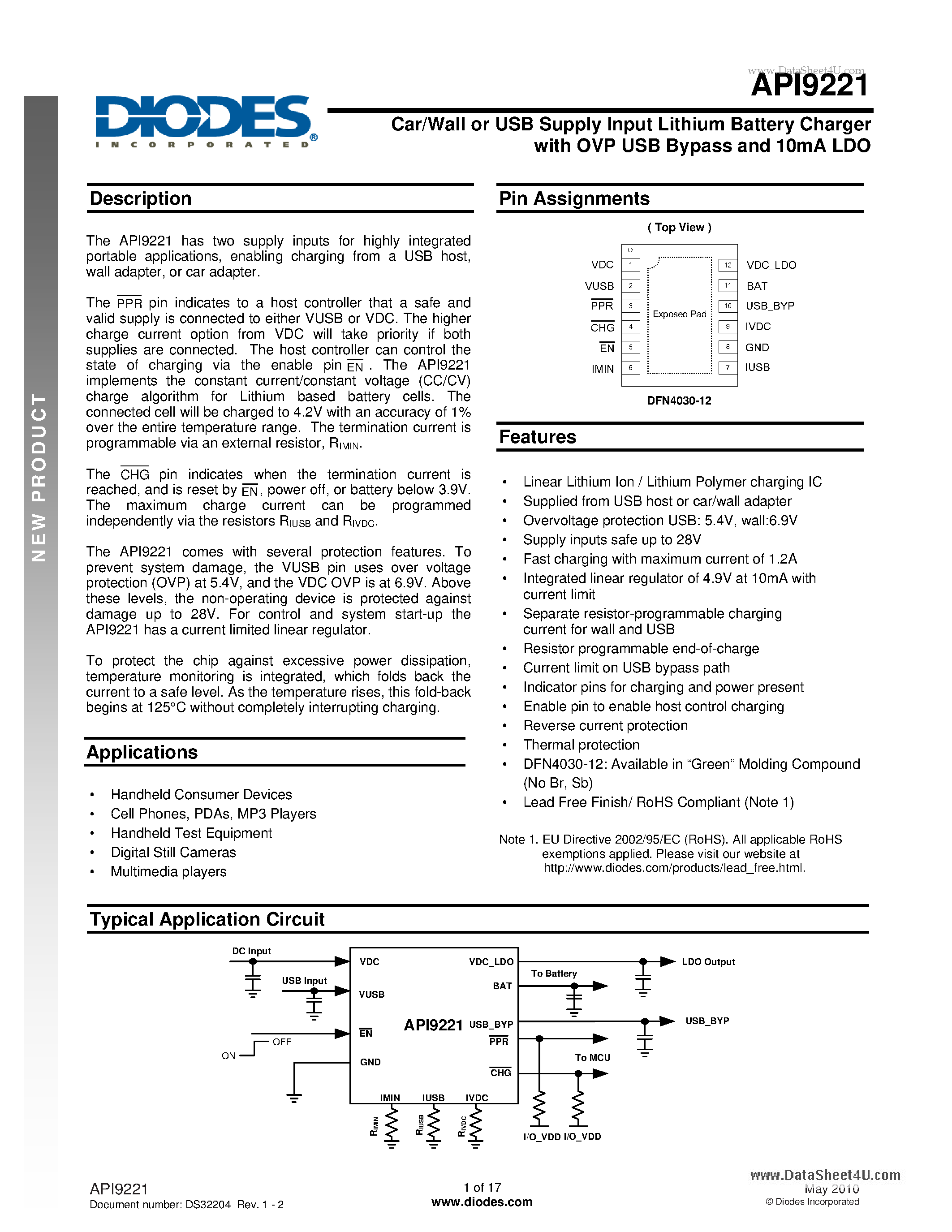 Datasheet API9221 page 1 Datasheet API9221 - Car/Wall or USB Supply Input Lithium Battery Charger page 1