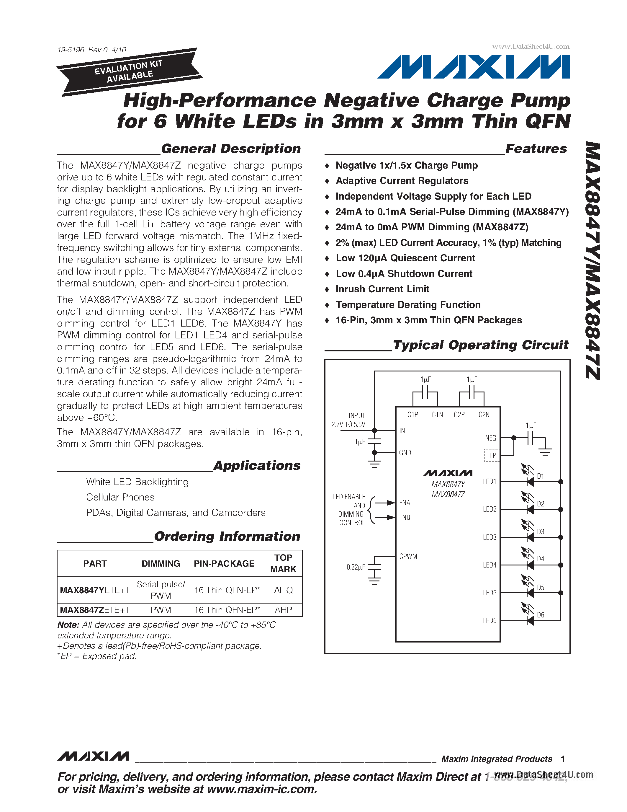Datasheet MAX8847Y - High-Performance Negative Charge Pump for 6 White LEDs page 1