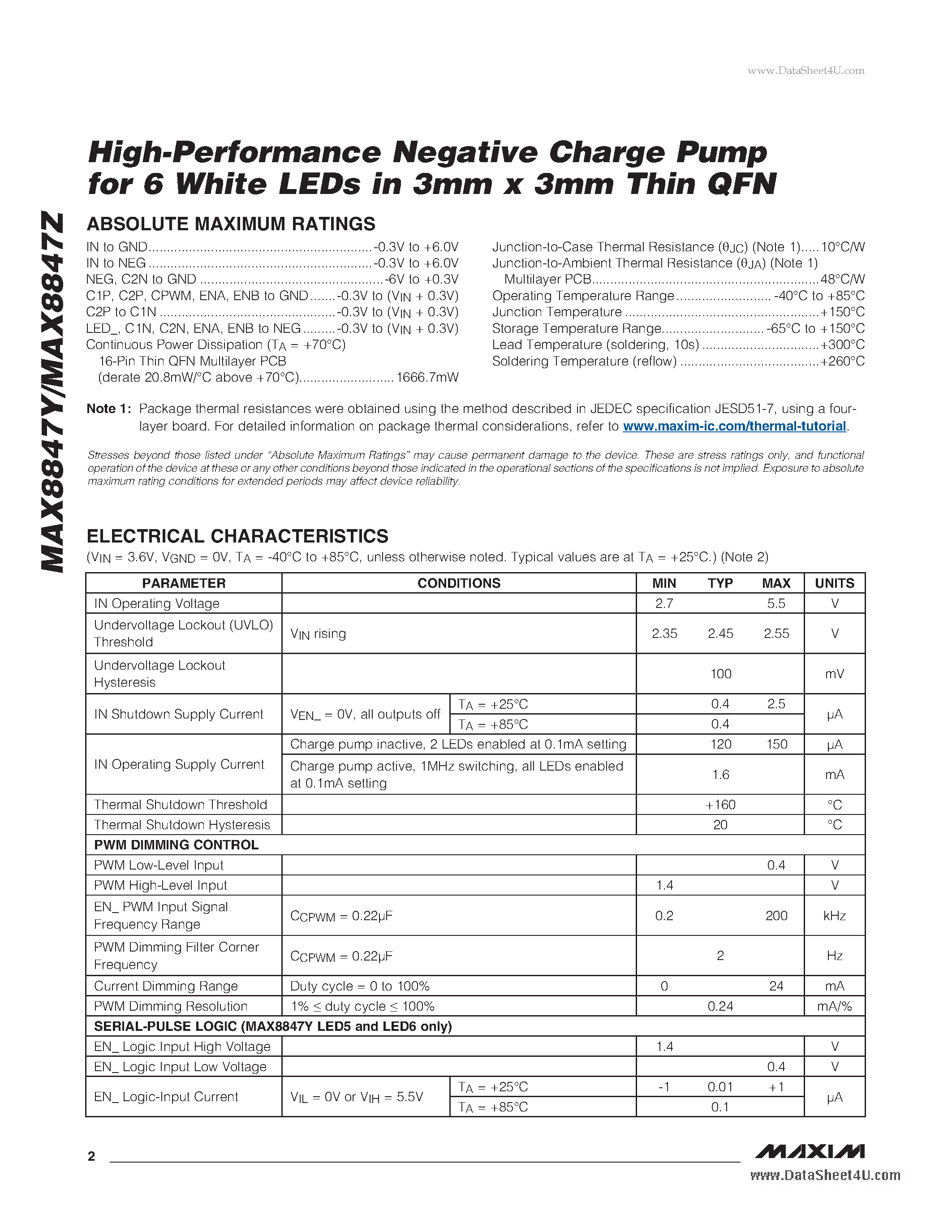 Datasheet MAX8847Y - High-Performance Negative Charge Pump for 6 White LEDs page 2