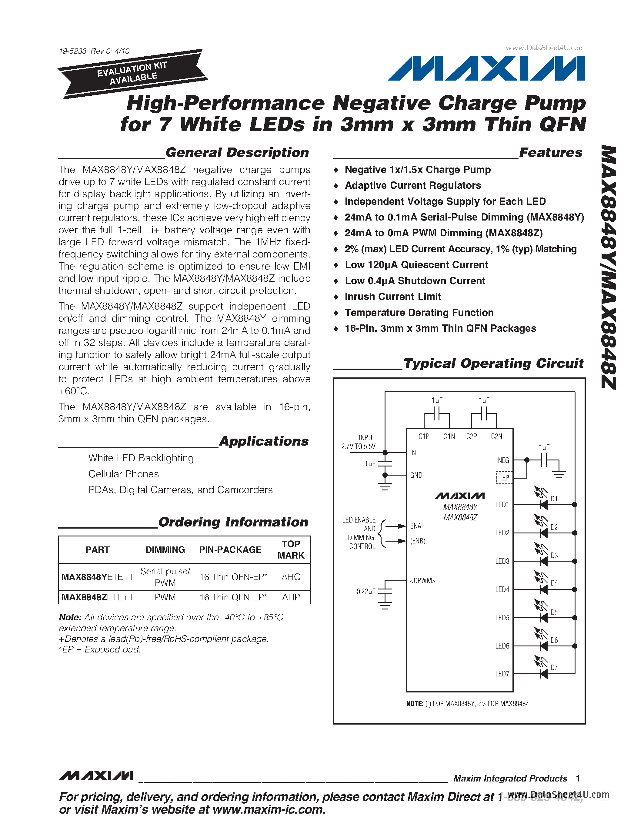Даташит MAX8848Y - High-Performance Negative Charge Pump for 7 White LEDs страница 1